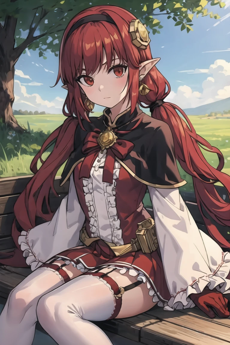 8k,wallpaper,masterpiece,BEST QUALITY,element2,outdoors,DAY,grassvalley,sitting,cowboy shot,<lora:element2-000014:0.7>,red hair,very long hair,low twintails,hair band,looking at viewer,pointy ears,red skirt,zettai ryouiki,white thighhighs,garter straps,frilled skirt,frilled sleeves,long sleeves,capelet,bow,jewelry,earrings,bangs,hair ornament,gloves,LOOKING AT VIEWER,