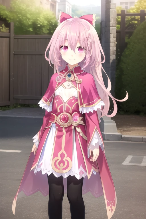 ((masterpiece)),(best quality),official art,extremely delicate and beautiful,extremely detailed CG,unity 8k wallpaper,ultra detailed,beautiful detailed eyes,extremely detailed face,outdoors,1girl,solo,cowboy shot,looking at viewer,facing viewer,smile,(petite:1.2),very long hair,pink hair,single braid,hair bow,red bow,hair ribbon,sidelocks,long hair between eyes,bangs,pink eyes,pink capelet,red dress,jewelry,long sleeves,flat chest,frills,black pantyhose,pink footwear,<lora:Rio Sonogami(dal):0.6>,<lora:TSNeptunia-000045:0.5>,