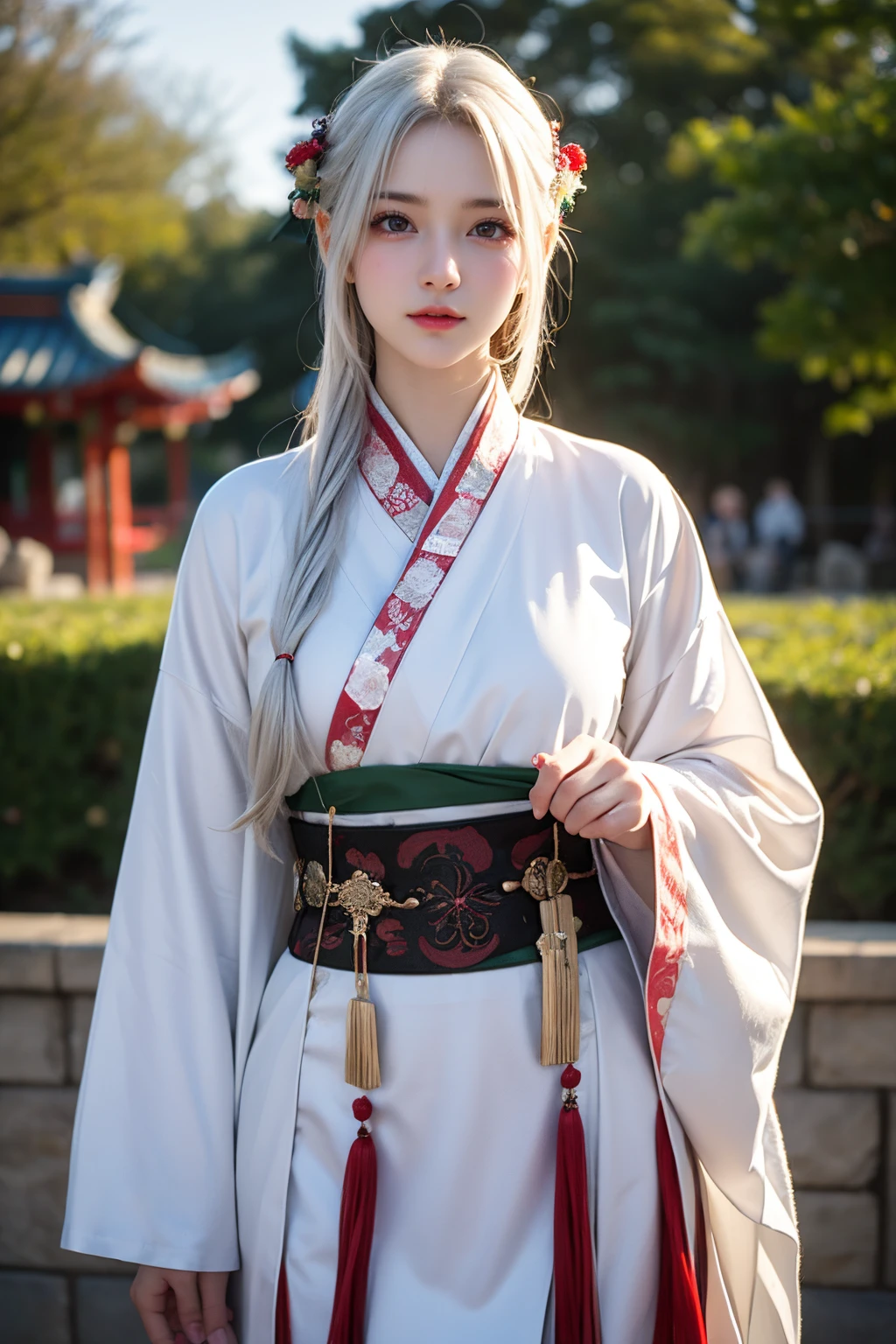 super high resolution,best quality,Photos,4k,(Realistic:1.2),1girl,white hair,long hair,hanfu, tang style outfits,<lora:hanfuTang_v32:0.7>,cowboy_shot,