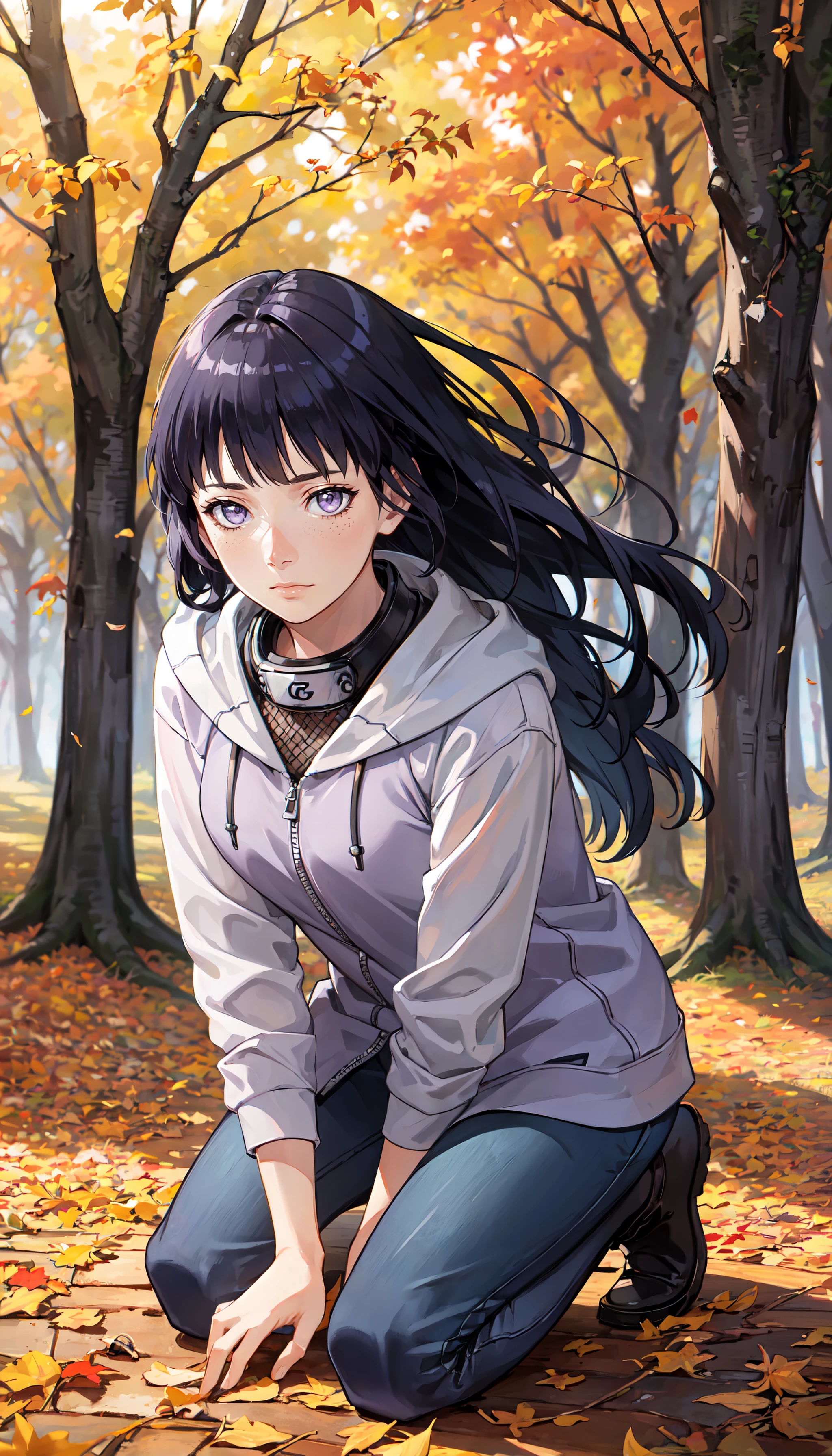 photorealistic, (4k), depth of field, (Masterpiece), (realistic skin texture), extremely detailed, intricate, hyper detailed, professional photography, bokeh, high resolution, sharp detail, best quality, girl, long hair, black hair, purple eyes, empty eyes, purple hooded jacket, headband around neck, konohagakure symbol, blue pants, fishnets, <lora:GoodHands-vanilla:0.4>, <lora:detail_slider_v4:0.8> ,  <lora:Hinata Hyuga-000004:0.8>, dynamic pose, (crossed ankles), autumn forest, autumn leaves, fallen leaves, wind, tree alley, closed hoodie,