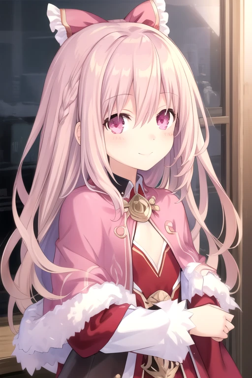((masterpiece)),(best quality),official art,extremely delicate and beautiful,extremely detailed CG,unity 8k wallpaper,ultra detailed,beautiful detailed eyes,extremely detailed face,outdoors,1girl,solo,upper body,(portrait:1.5),looking at viewer,facing viewer,smile,(petite:1.2),Rio Sonogami,very long hair,pink hair,single braid,hair bow,red bow,hair ribbon,sidelocks,long hair between eyes,bangs,pink eyes,pink capelet,red dress,jewelry,long sleeves,flat chest,frills,black pantyhose,pink footwear,<lora:Rio Sonogami(dal):0.6>,<lora:TSNeptunia-000045:0.5>,
