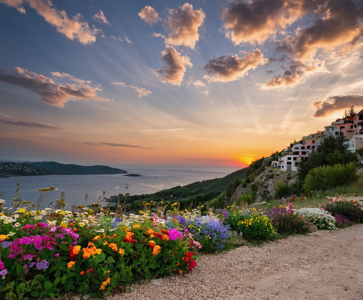 Landscape Photography, Professional Photography, small mountain beach town sitting against the skyline at sunset, beautiful sunset with lots of colors and clouds, very detailed, beautiful flowers in the foreground,