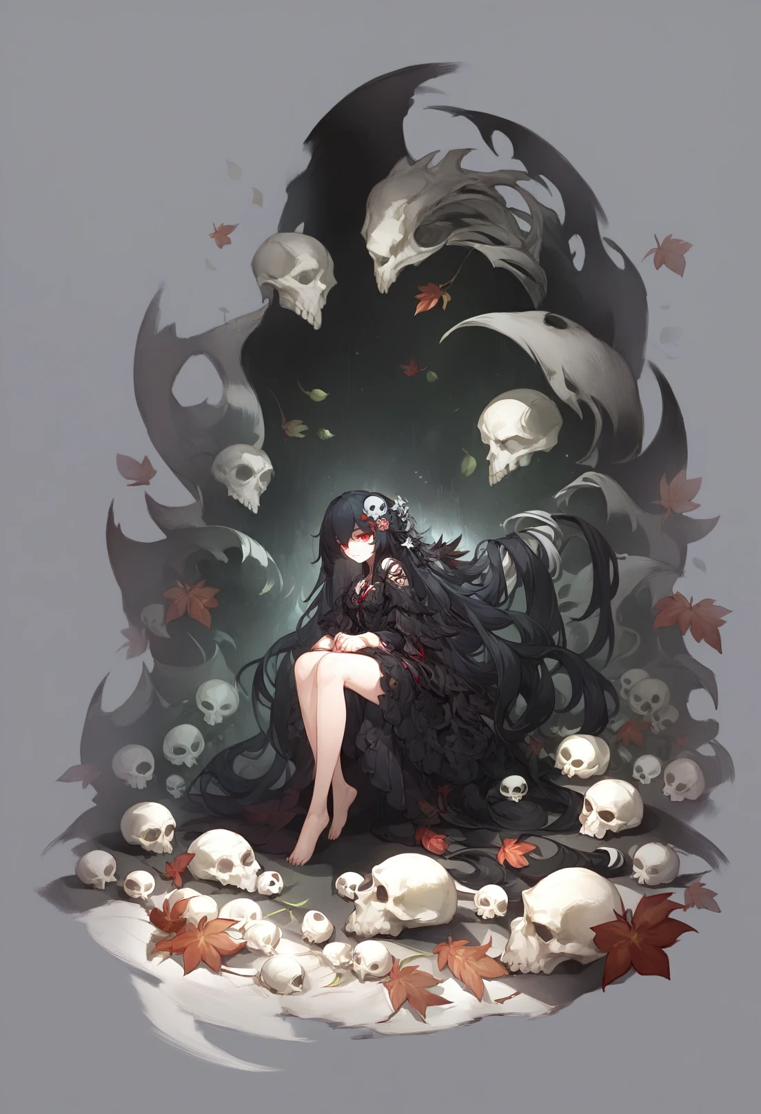 grey background, score_9, score_8_up, score_7_up, score_6_up, <lora:GachaMihoyoXL_P6_lokr_V4239:0.95> 1girl, solo, long hair, red eyes, fetal position, looking at viewer, very long hair, black background, full body, dress, barefoot, black hair, skull, hair ornament, grey hair, leaf, flower