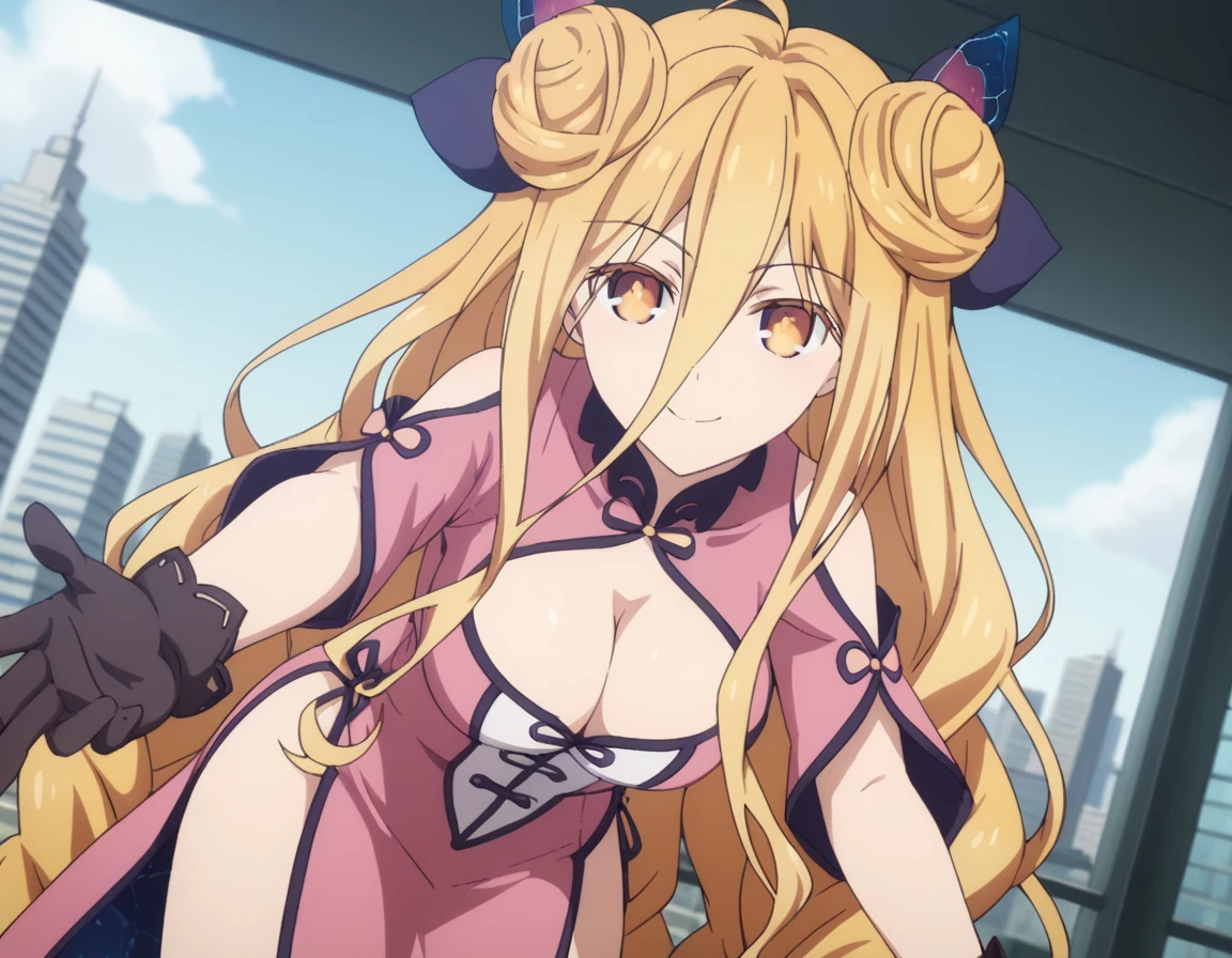 score_9, score_8_up, score_7_up, source_anime,
mukurohoshimiya,  <lora:mukuro-hoshimiya-s4s5-ponyxl-lora-nochekaiser:1>,
mukuro hoshimiya, long hair, blonde hair, hair between eyes, very long hair, yellow eyes, hair bun, double bun, braid, hair braid,
gloves, dress, cleavage, black gloves, clothing cutout, chinese clothes, cleavage cutout, pink dress,
outdoors, cityscape, smile, bent over,
indoors, bent over, smile,
looking at viewer, solo, cowboy shot, dutch angle,