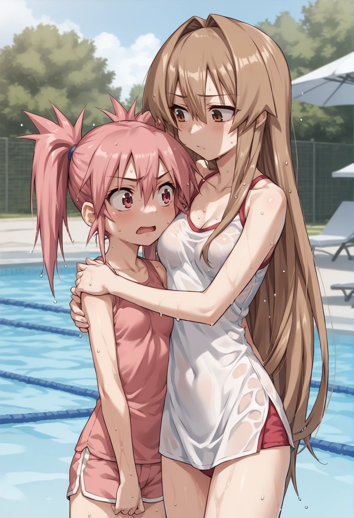 2girls, luna, pink hair, twintails, pink eyes, long hair, brown hair, brown eyes, san, medium breasts, small breasts, height difference, breast envy, wet, sweat, outdoors, pool <lora:LunaSan:1>, score_9, score_8_up, score_7_up, score_6_up, score_5_up, score_4_up, BREAK source_anime, masterpiece