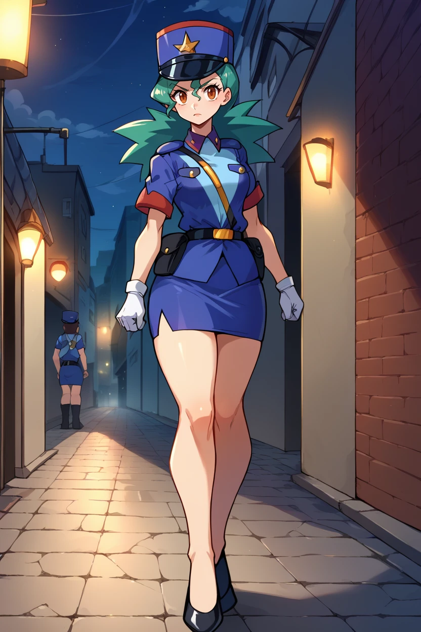 score_9, score_8_up, score_7_up, score_6_up, source_anime, BREAK 1girl <lora:pkmnjenny-pdxl-nvwls-v1-000005:1> pkmnJenny, green hair, blue hat, police uniform, blue shirt, short sleeves, belt, pencil skirt, white gloves, alleyway, looking at you, serious, night, night sky, high heels