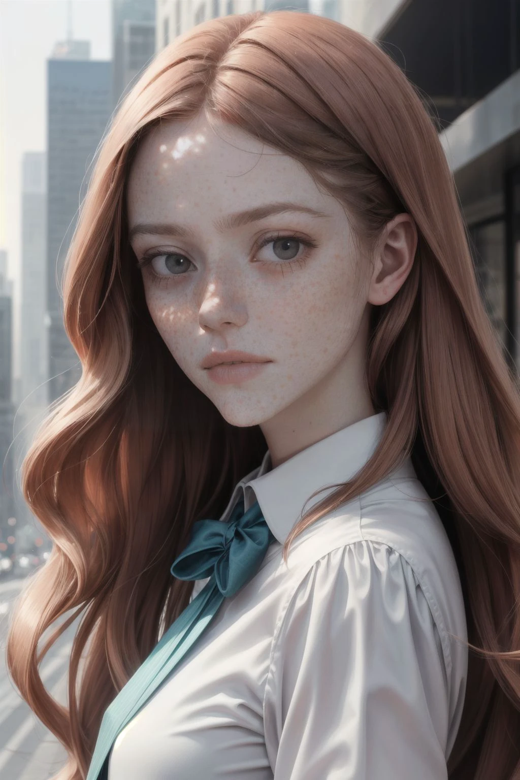 HaleyH, PA7_Photo, Street photography, Gorgeous, early twenty, woman, Long hair, Straight hair, Red hair, Brown eyes, Cupid's Bow lips, Mauve lips, Calm, Medium breasts, Smart Casual dress, Wide leg pants, Top light, Caustics, Morning, Foggy, Skyscraper background, Panasonic Lumix S1, 50mm prime lens, Full shot, BREAK PA7_Portrait-MCU, Slanted angle, Kodak vision3 IMAX, ((Infraed filter)), (((PA7_Human-Likeness)))
<lora:add_detail:0.5>