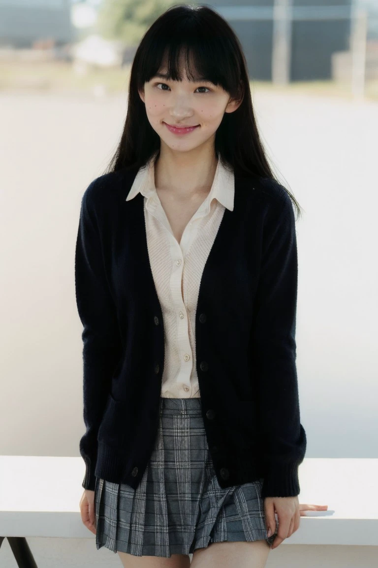 1girl, small breasts, looking at viewer, realistic, photorealistic, black hair, black eyes, mole, lips, smile, long hair, bangs,
hyper detailed, super sharp, crisp, smooth, smooth gradients, depth of field,
(in studio: 1.1), (white background: 1.1), blazer, cardigan, jacket, plaid, plaid skirt, school uniform, skirt, sobu high school uniform,,
<lora:seina_tsurumaki:1>, <lora:breastsizeslideroffset:-0.4>, <lora:skin_slider_v2_1_FACE:0.5>, <lora:add_detail_v5:1>,