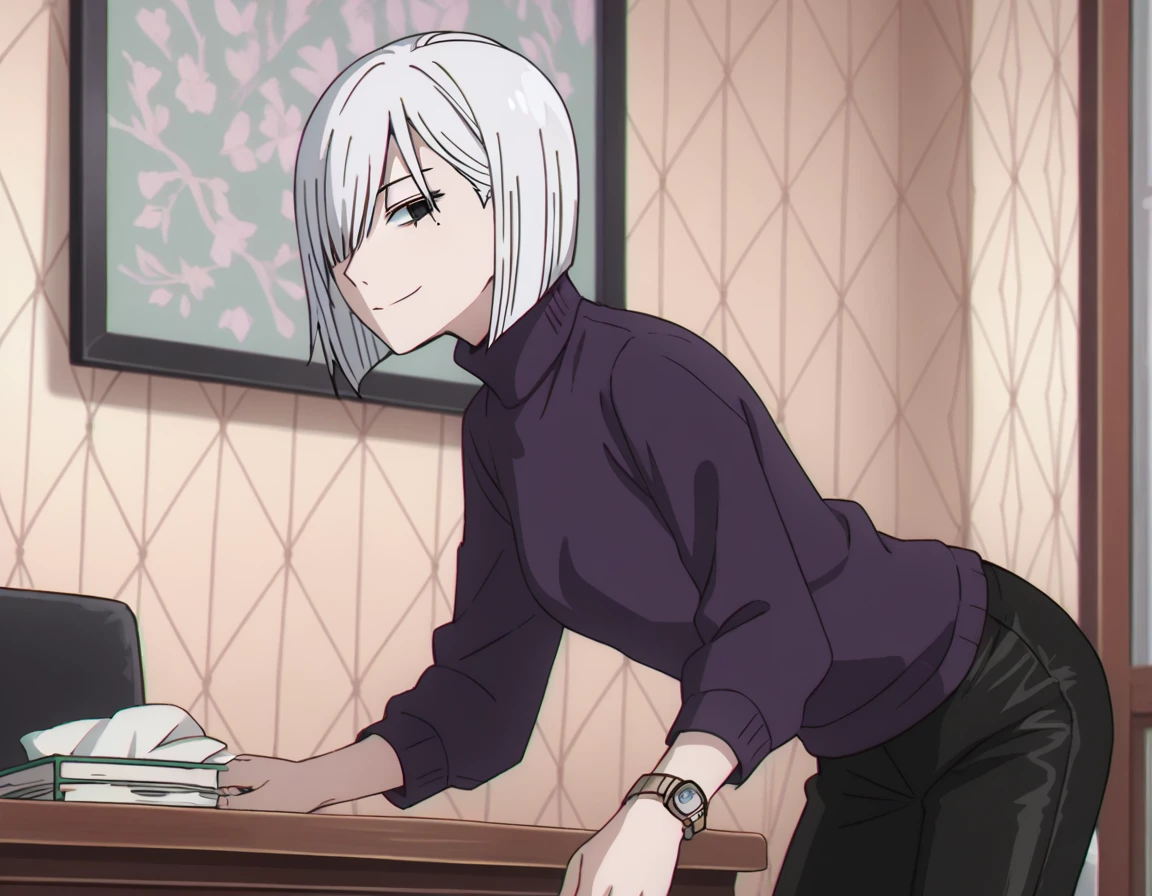 score_9, score_8_up, score_7_up, source_anime,
fionafrost, <lora:fiona-frost-s1-ponyxl-lora-nochekaiser:1>,
fiona frost, white hair, short hair, hair over one eye, grey eyes,
long sleeves, pants, sweater, turtleneck, black pants, watch, turtleneck sweater, wristwatch, purple sweater,
indoors, smile, bent over,
looking at viewer, solo, cowboy shot, dutch angle,