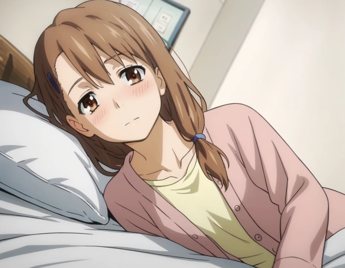 score_9, score_8_up, score_7_up, source_anime,
toukoyadomi, <lora:touko-yadomi-s1-ponyxl-lora-nochekaiser:1>,
touko yadomi, long hair, brown hair, brown eyes, hair over shoulder, hair clip,
shirt, yellow shirt, collarbone, long sleeve, cardigan, pink cardigan,
indoors, bed, bed room, on side, blush, drunk,
looking at viewer, solo, cowboy shot, dutch angle,