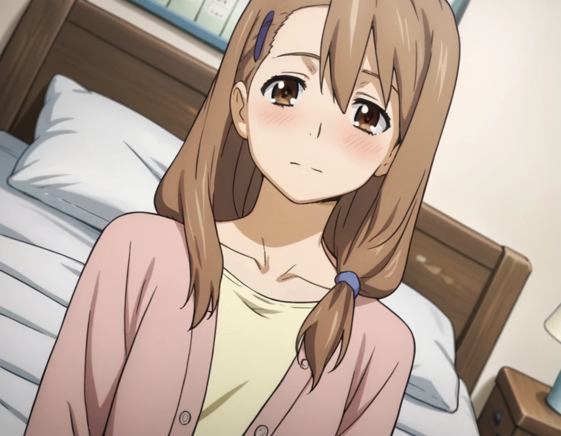 score_9, score_8_up, score_7_up, source_anime,
toukoyadomi,  <lora:touko-yadomi-s1-ponyxl-lora-nochekaiser:1>,
touko yadomi, long hair, brown hair, brown eyes, hair over shoulder, hair clip,
shirt, yellow shirt, collarbone, long sleeve, cardigan, pink cardigan,
indoors, bed, bed room, on side, blush, drunk,
looking at viewer, solo, cowboy shot, dutch angle,