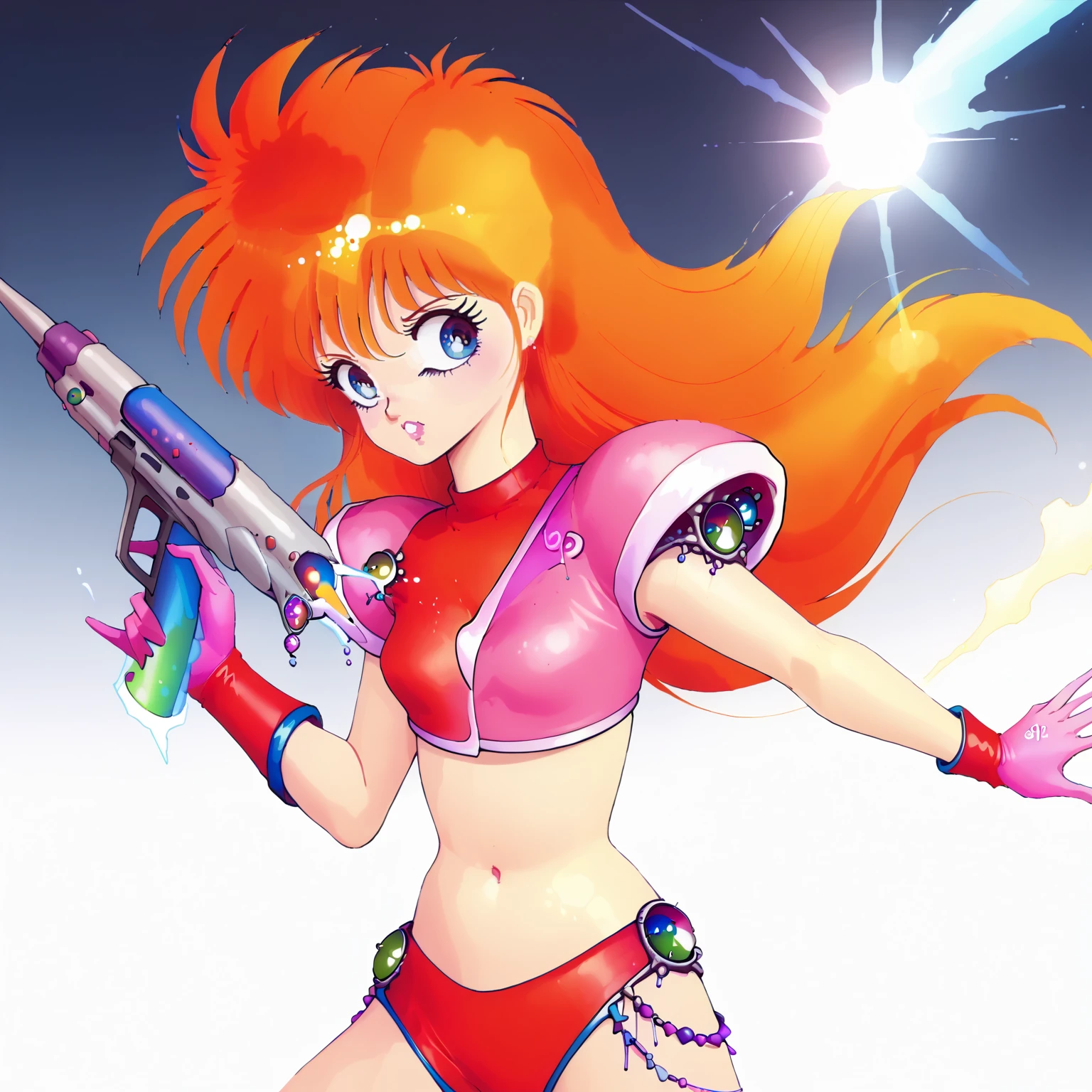 <lora:AlphaChrisXLpony001>,
solo,
AlphaChris,1girl,orange hair,long hair,blue eyes,retro artstyle,
bikini armor,crop top,
gloves,
energy gun,