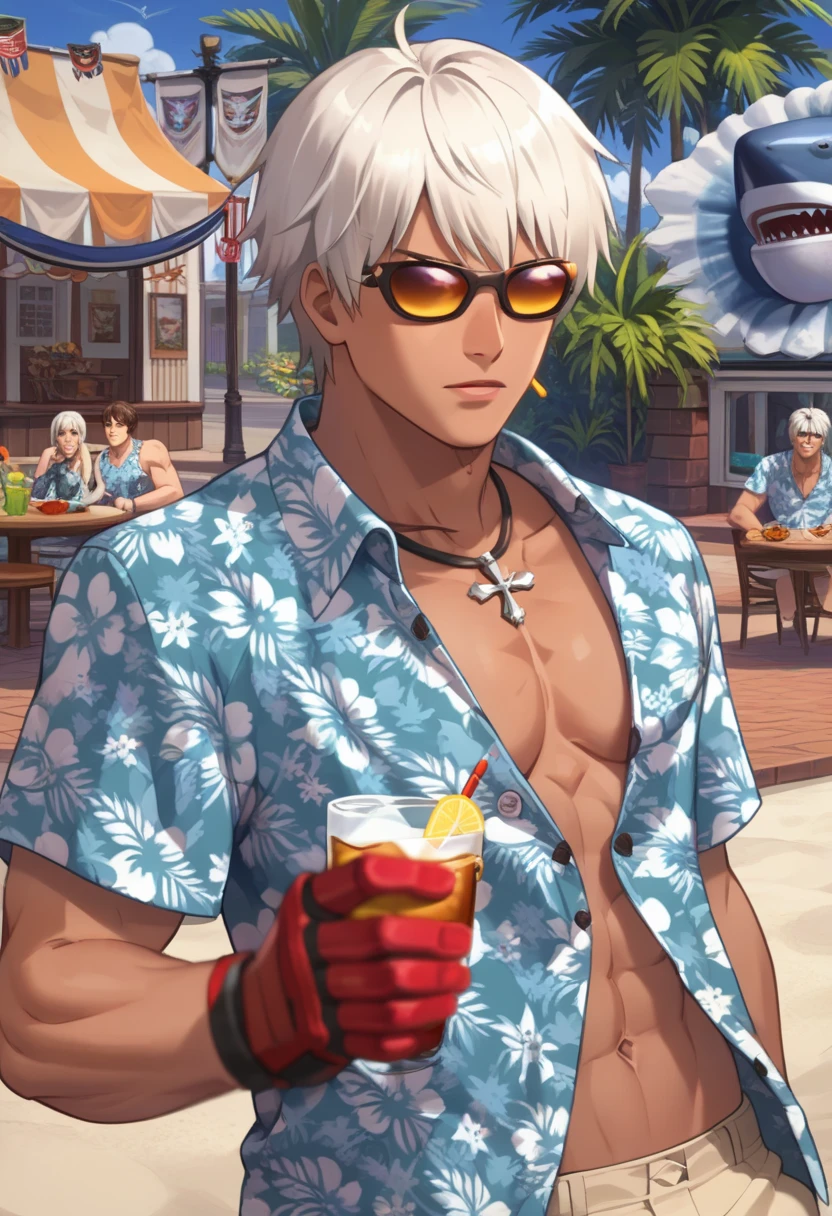 score_9, score_8_up, score_7_up, masterpiece, best quality, amazing quality, best aesthetic, ,absurdres, ((source_anime)),k_summer, gray hair, blue eyes, fingerless glove, single red glove, sunglasses, blue hawaiian shirt, brown shorts, necklace, 1boy<lora:EMS-369400-EMS:1.000000>