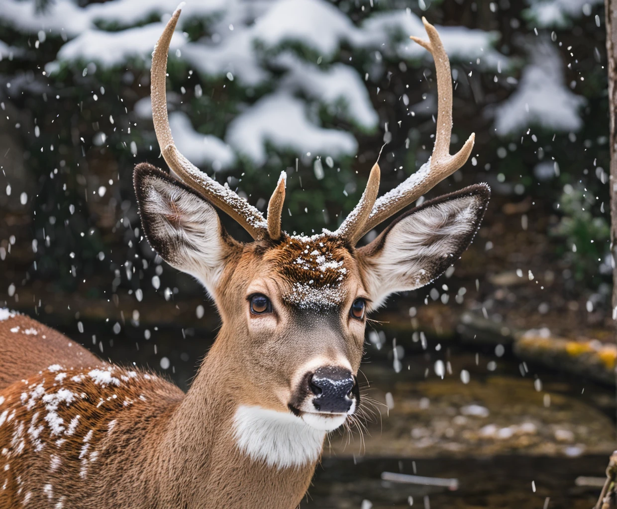 POV from a bush, Wildlife Photography, Professional Photography, A deer taking a drink from a creek in the woods, snow falling, detailed eyes, detailed antlers, detailed ears, detailed fur, hyperdetailed photography, realistic,