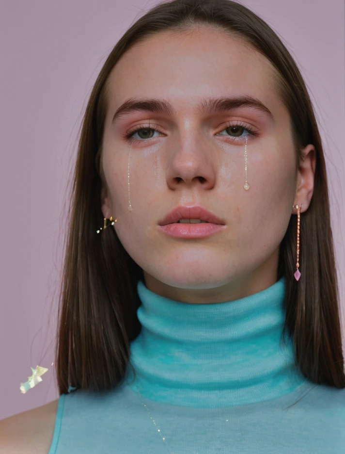 limited palette, pastel colors, purple, aqua, light turquise, light violet, RAW photo, subject, 8k uhd, dslr, portrait, high quality, film grain, Fujifilm XT3, professional photo, (detailed skin:1.3), high quality, <lora:Sparklecore:0.8> , sparklecore, sparkle, depth of field, sparklecore eyes, upper body, city, black hair, pale skin, straight hair, (tears, crying, sparklecore tears), (closed mouth), turtleneck, sleeveless turtleneck, round face, (looking down:1.3),