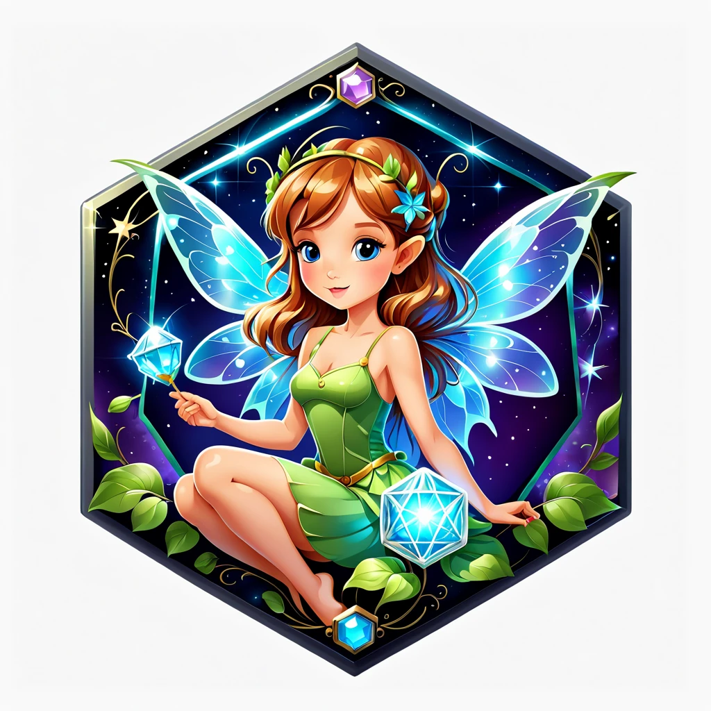 a hexagon with a fairy , vector,  <lora:badgemkrsdxl:0.9>, best quality, badgemkrsdxl, white background,fantasy, beautiful, cute, magical, badge