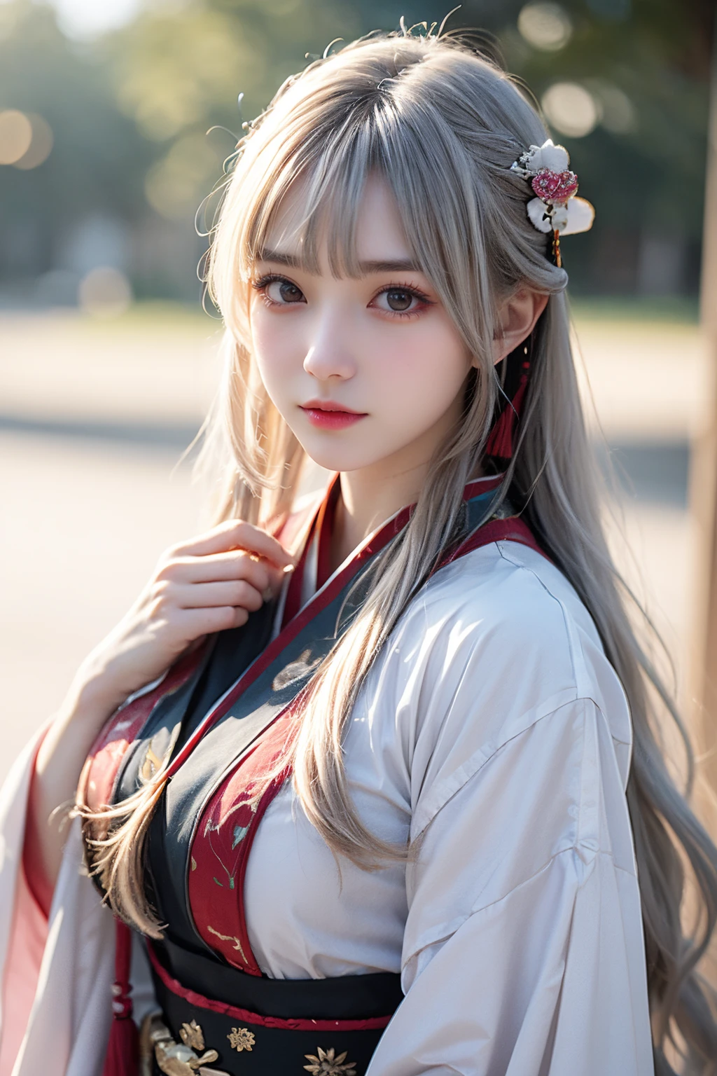 balloon,super high resolution,best quality,Photos,4k,(Realistic:1.2),1girl,white hair,long hair,hanfu, tang style outfits,<lora:hanfuTang_v32:0.7>,