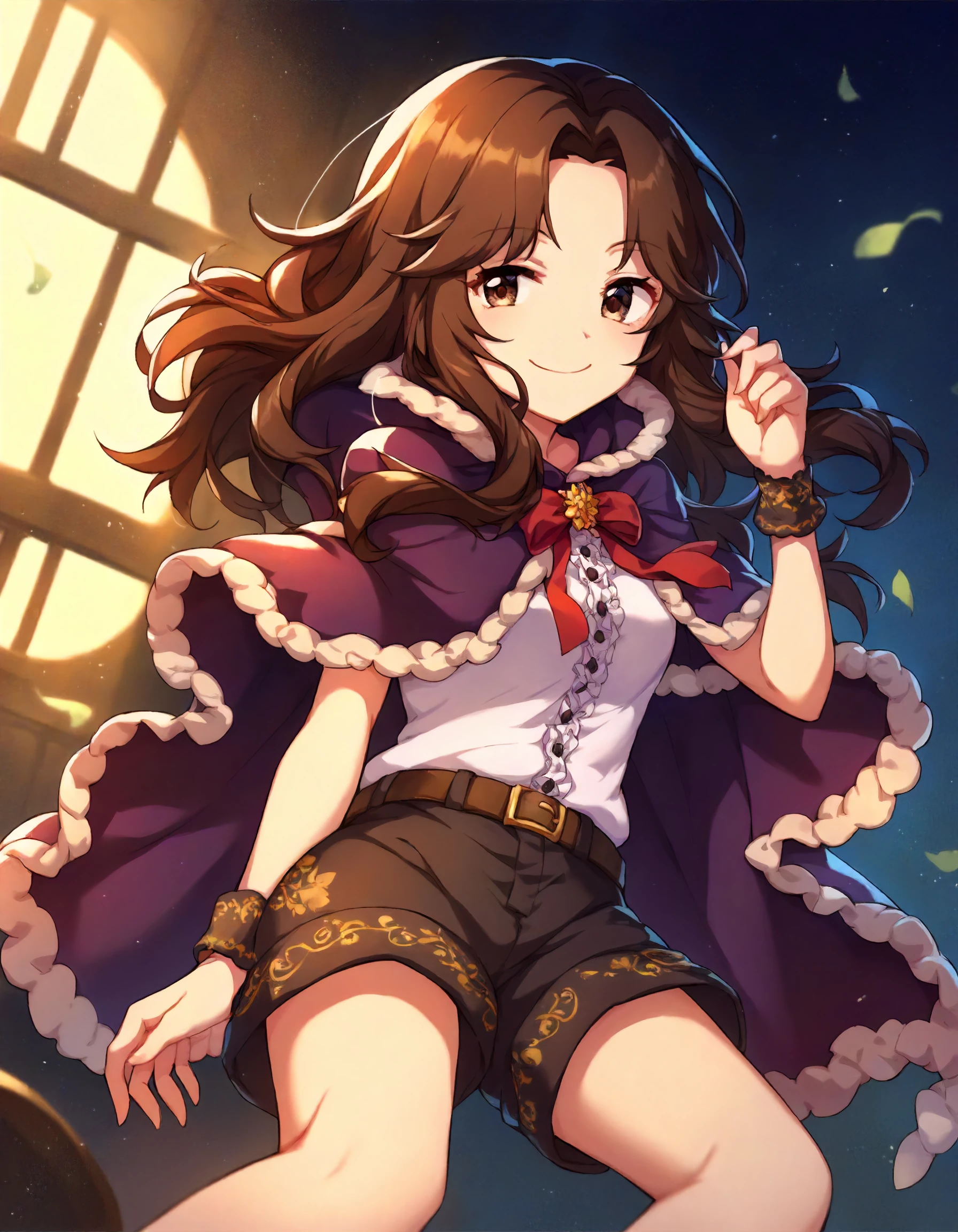 score_9, score_8_up,score_7_up,1girl,solo,looking at viewer,
<lora:ariurakanna_ponyXLV6:0.7>,cgak,akha,brown eyes,brown hair,long hair,
seducive smile,shorts,capelet,
dark theme,nightmarish