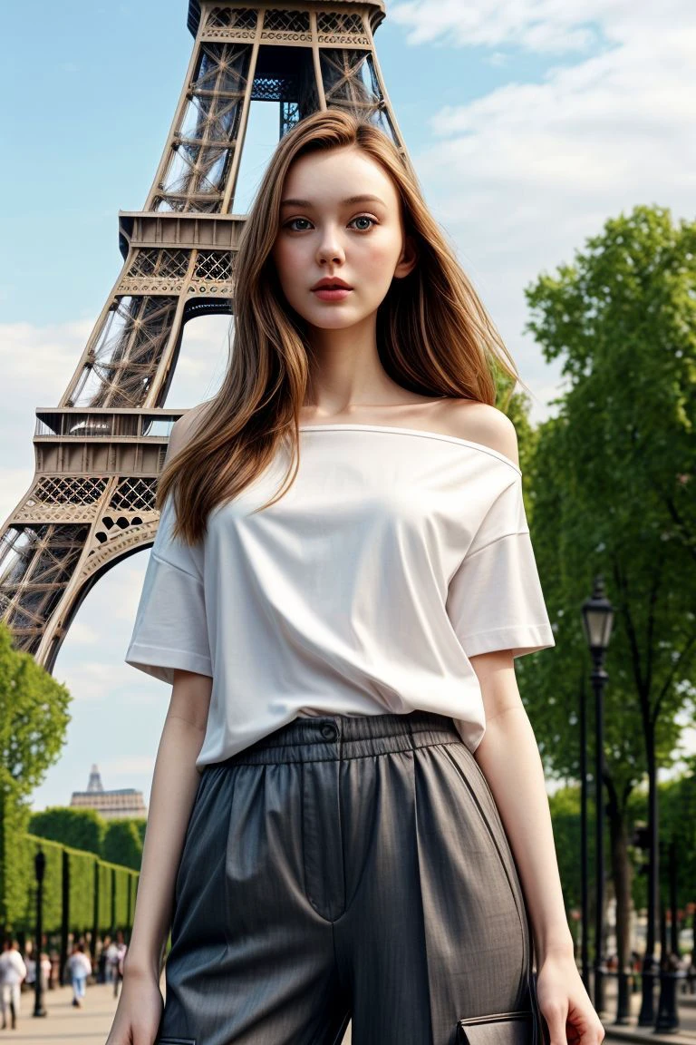 <lora:kawaii7.1.3_obj20:0.75:0.25>, European woman, closeup, sandals, (shirt), pants, (eiffel tower), ZM_heather, wide shoulders, perfect face, (contact iris: 1.1), pale skin, skin pores , depth of field
