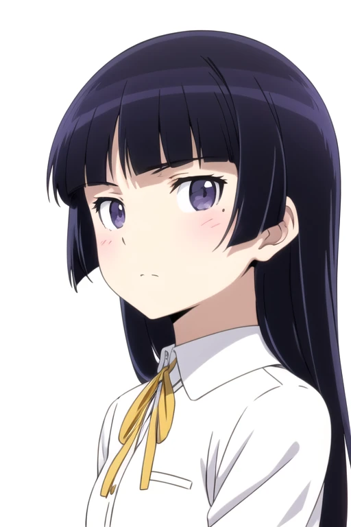 solo, 1girl, looking at viewer, 2D, anime, anime coloring, upper body, (simple background, solid white background:1.3), <lora:ruri-oreimo:0.8>, ruri gokou, school uniform, white shirt, closed mouth