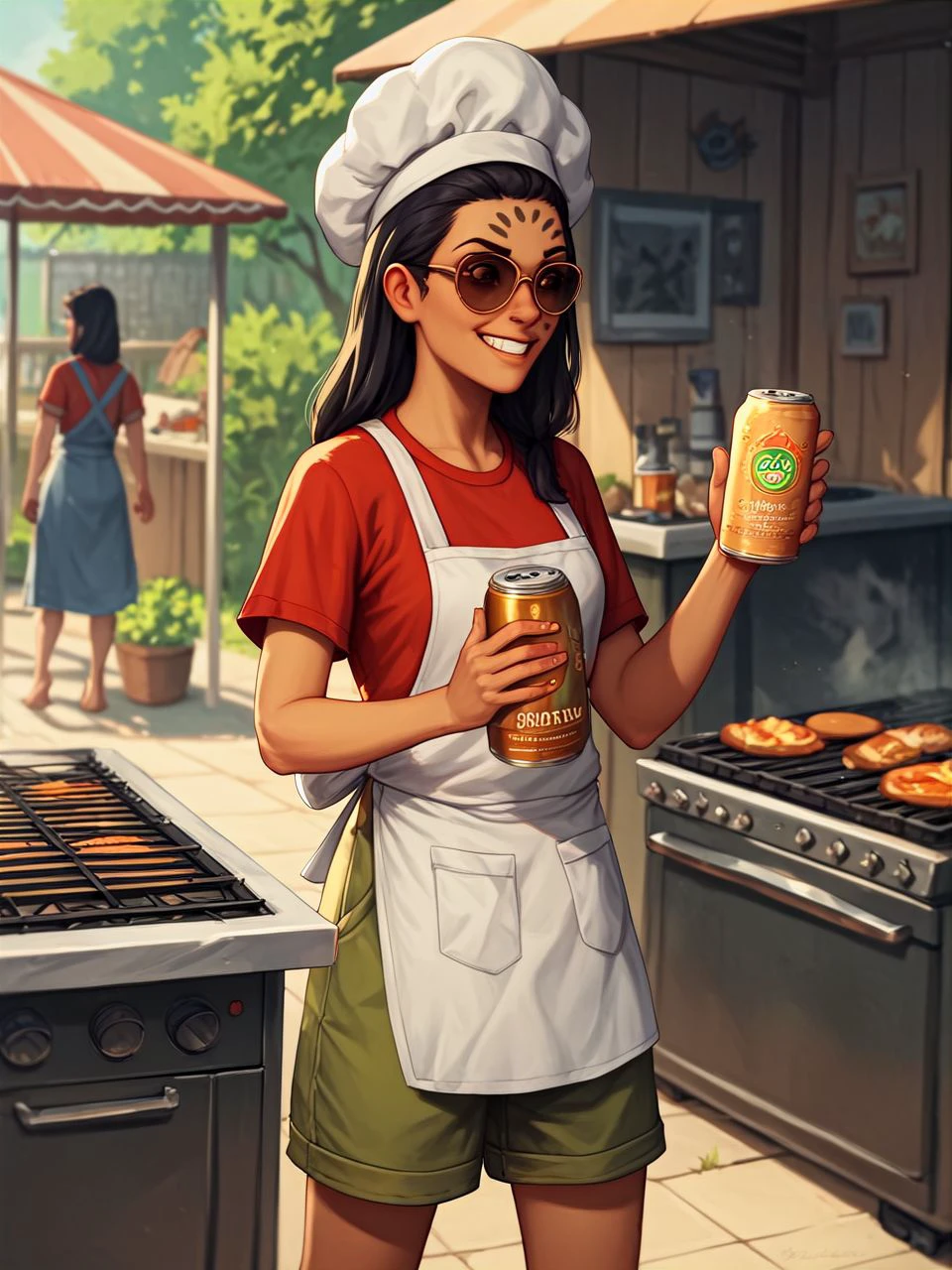 score_9,score_8_up,score_7_up,score_6_up, BREAK outdoors, backyard cookout, grilling, flaming propane grill, <lora:surayaD2_PDXL:1> surayad2, circle face markings, olive-skinned female, black hair, brown eyes, chef hat, apron, mirror sunglasses, holding beer can, clenched teeth smile, cargo shorts