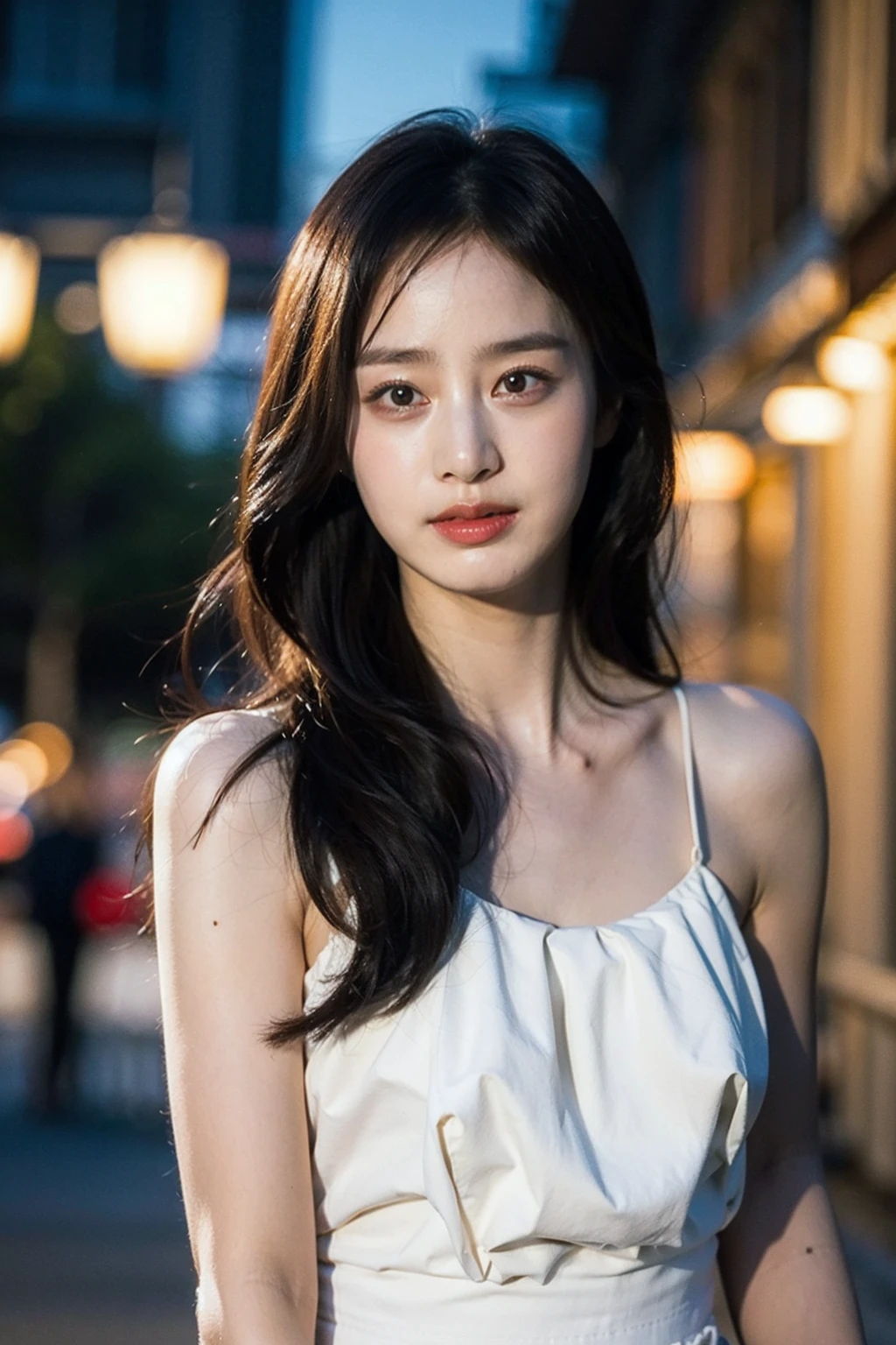 Best quality, masterpiece, ultra high res, (photorealistic), raw photo,1girl, skinny, upper body,solo, realistic, looking at viewer, long hair, bokeh background, city streets,brown eyes, bohemian dress, <lora:makina69_kimtaehee_v1.0:1>
