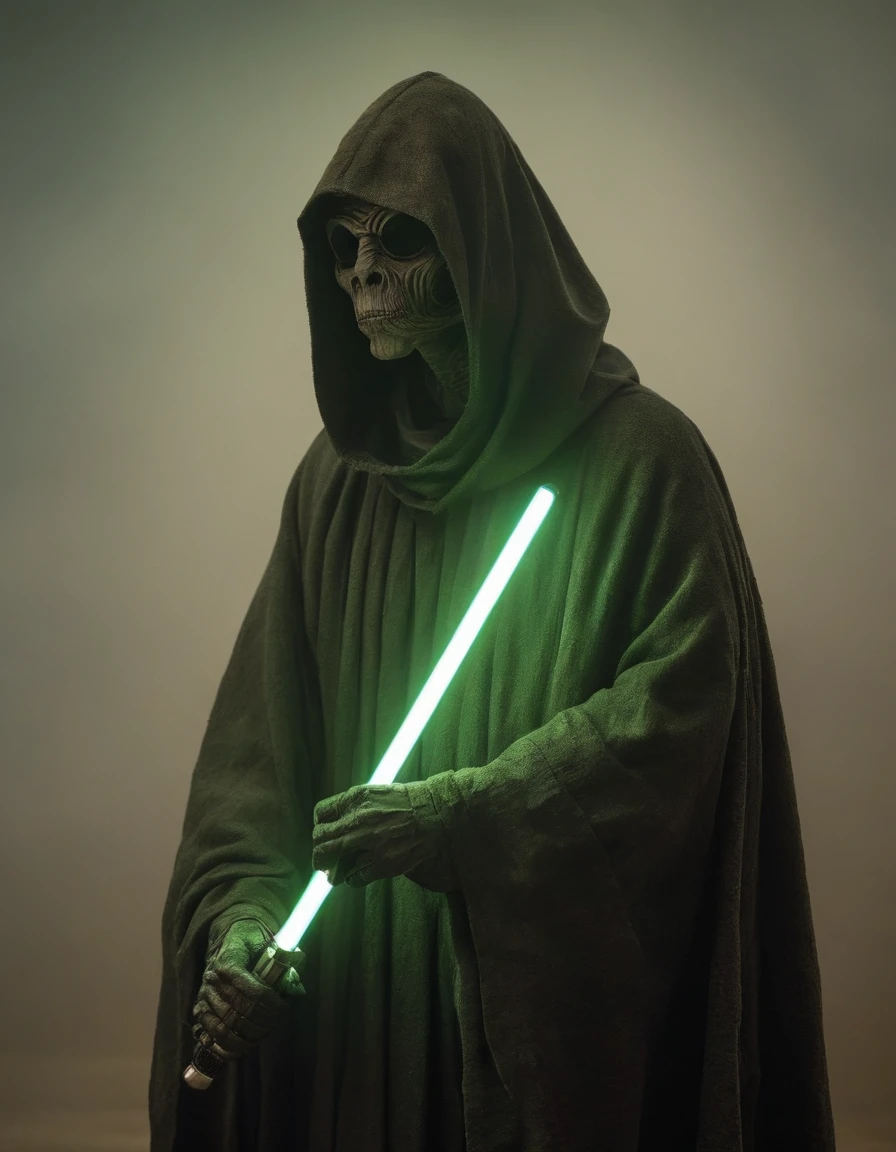 A photo of a (wise alien figure:1.3), (illuminated green lightsaber:1.2), shrouded in (mysterious fog:1.1), (side profile:1.1), deep shadows, subtle highlights, (earthy cloak:1.1), (serene expression:1.2), Nikon D850, 1/60s, f/2.8, ISO 640, atmospheric lighting, minimalist composition, (enigmatic aura:1.2), fine texture detail, quiet strength, profound stillness, space fantasy theme.