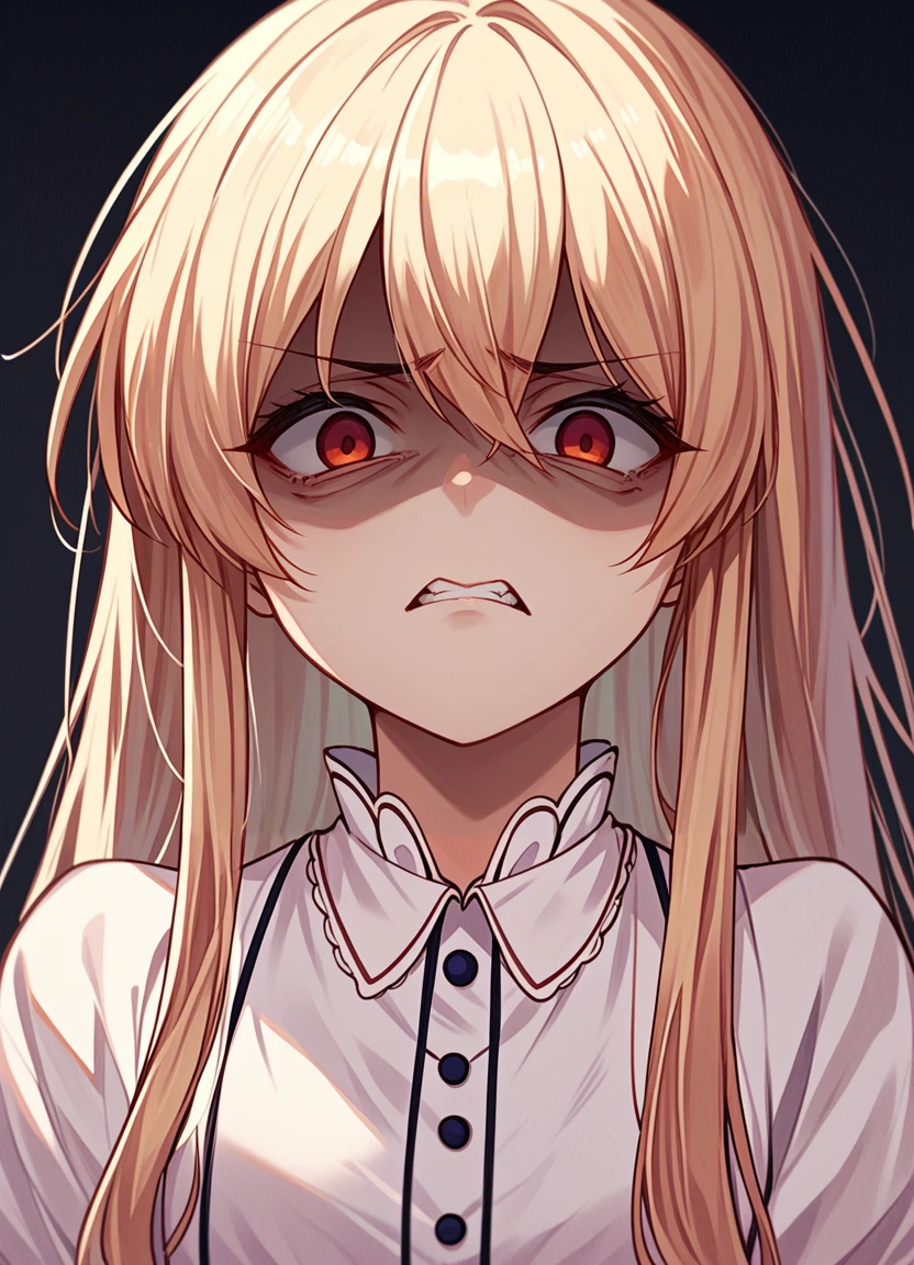 score_9,score_8_up,score_7_up,score_6_up, source_anime, <lora:disgusted_face_xl_goofy:1>  disgusted face, solo, 1girl, looking at viewer,  disgust, dress, upper body,  white background ,   long hair, hair pulled back,shaded face,