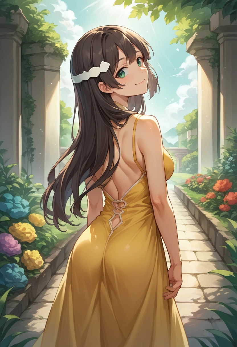 score_9, score_8_up, score_7_up, source_anime, 1girl, solo, MimoriTougouHeroSuit, long hair, headpiece, from behind, yellow sundress, garden, day, sunshine, smile, looking back, <lora:ChamMimoriTougouHeroSuitPonyXL-000003:1>