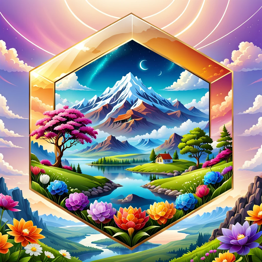 a hexagon with a beautiful landcape on it, vector, <lora:badgemkrsdxl:0.9>, best quality, badgemkrsdxl, flowers, mystical, white background