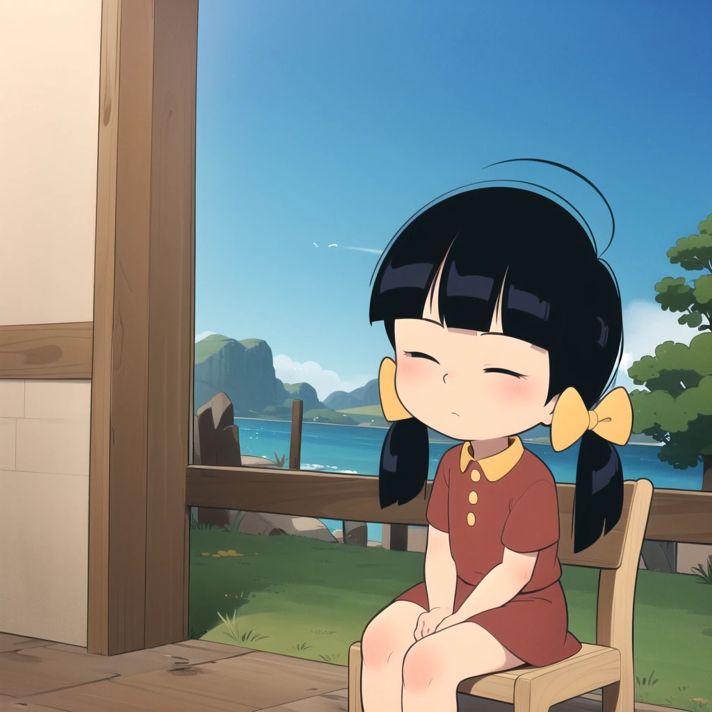 1girl, solo, Chen, black hair,  twintails, hair bow, red shirt, yellow shirt collar, untucked shirt , red skirt, stealth skirt, short sleeves, closed eyes, <lora:Chen_Cedric_Leaf2:0.8>,  sitting, on chair,