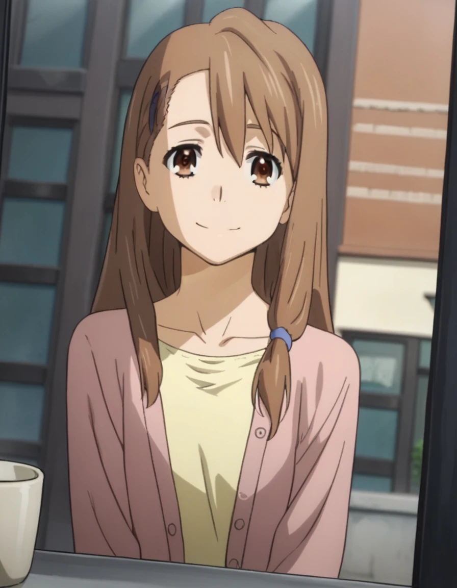 score_9, score_8_up, score_7_up, source_anime,
toukoyadomi, <lora:touko-yadomi-s1-ponyxl-lora-nochekaiser:1>,
touko yadomi, long hair, brown hair, brown eyes, hair over shoulder, hair clip,
shirt, yellow shirt, collarbone, long sleeve, cardigan, pink cardigan,
outdoors, cityscape, bent over, smile,
looking at viewer, solo, cowboy shot, dutch angle,