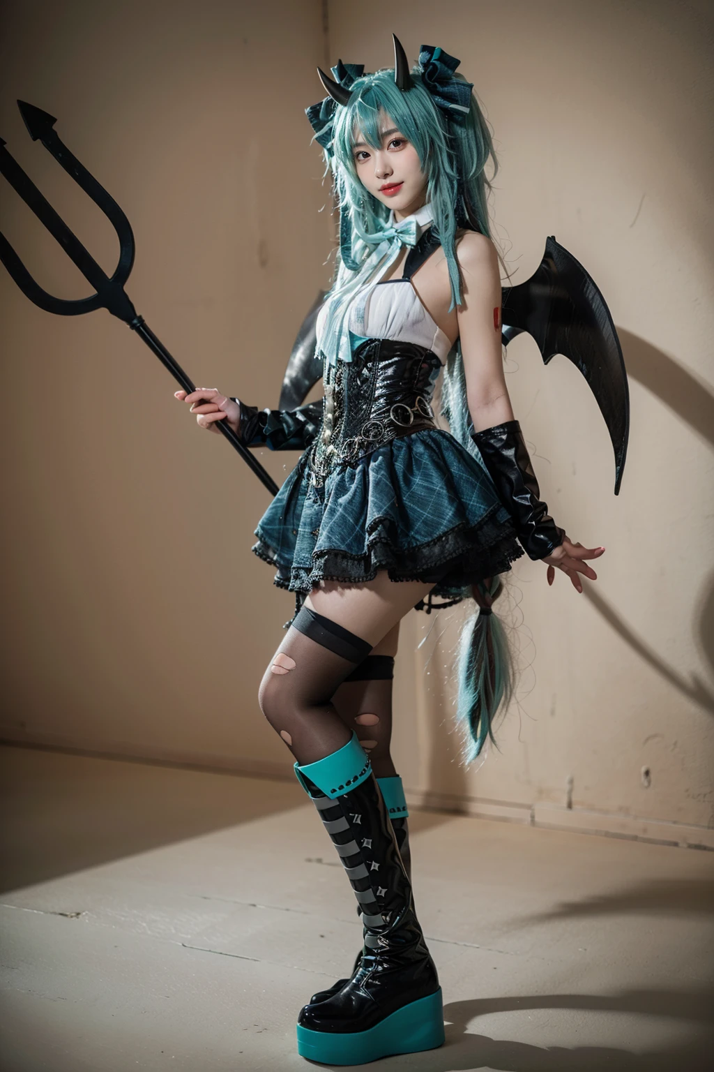 best quality, masterpiece, realistic, photorealistic, 1girl, solo, looking at viewer, smile, standing, full body, arms at side, hatsune miku cosplay costume, hatsune miku, cosplay, aqua hair, very long hair, twintails, shirt, corset, skirt, plaid skirt, detached collar, detached sleeves, arm warmers, bowtie, bow, horns, demon horns, demon wings, demon tail, ribbon, o-ring, chain, thigh strap, hair ribbon, hair bow, thighhighs, torn thighhighs, knee boots, belt boots, platform boots, trident, holding trident, grey simple background, <lora:miku_cosplay_Villains_v1:0.75>