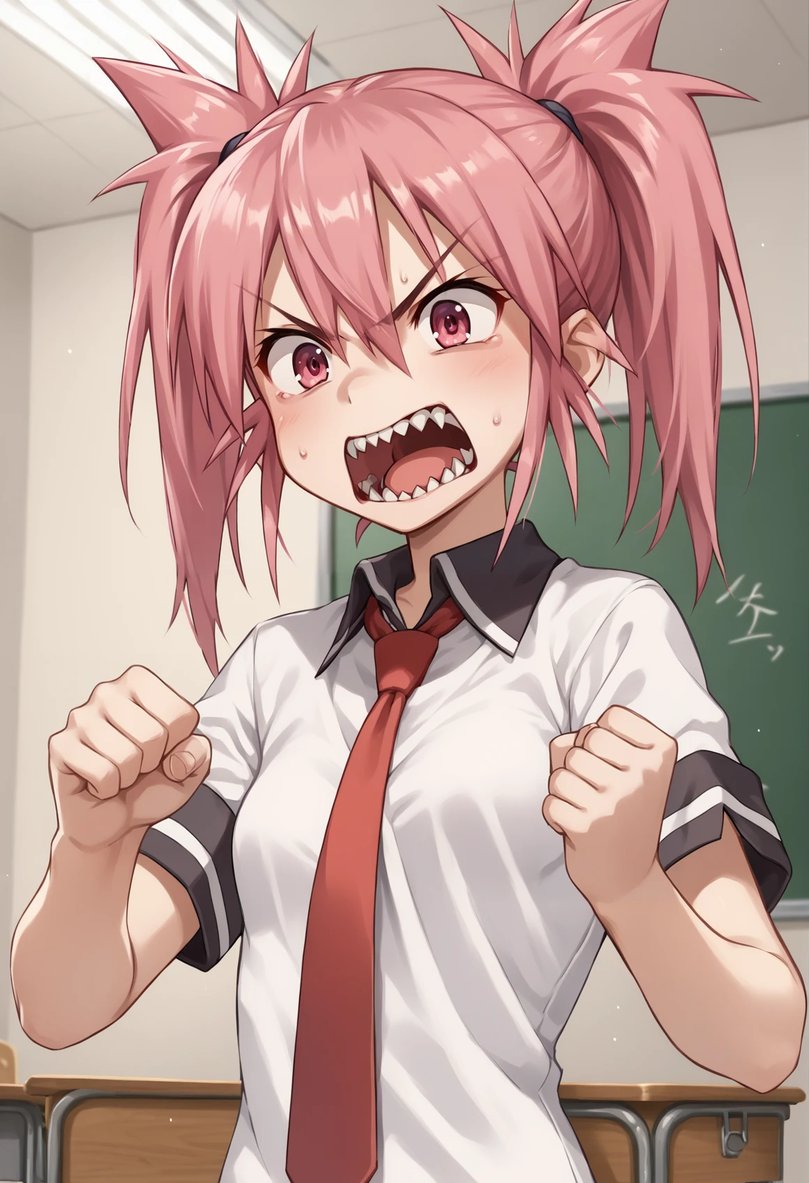 1girl, solo, luna, pink hair, twintails, pink eyes, angry, sharp teeth, small breasts, school uniform, short sleeves, red necktie, clenched hand, indoors, school <lora:LunaSan:1>, score_9, score_8_up, score_7_up, score_6_up, score_5_up, score_4_up, BREAK source_anime, masterpiece