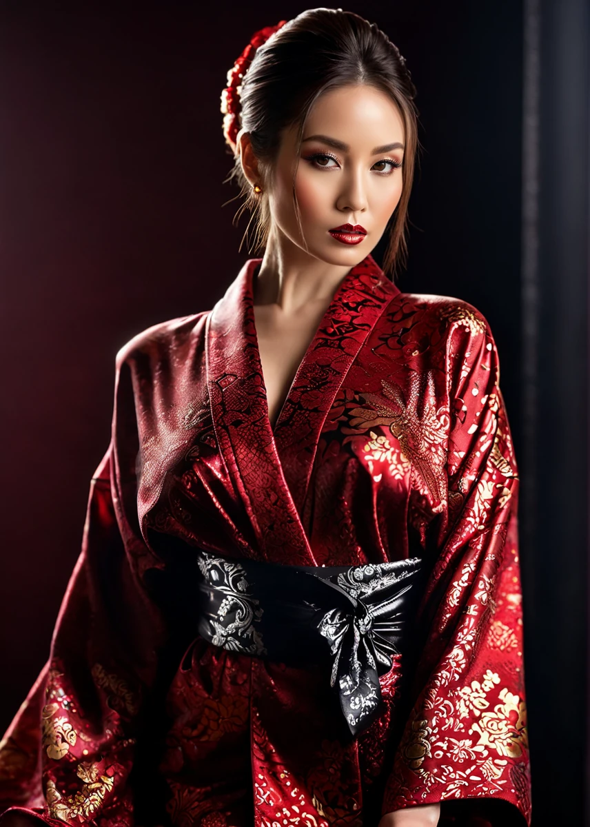 High Fashion, A captivating masterpiece of an woman, full body, dressed in a Kimono, The use of high-shine gloss adds a touch of glamour while the deep red and black hues give it a dramatic vibe, studio lighting, look to the camera, background blurred, <lora:MS_Aika_Yumeno_V2_SDXL:0.8>, dynamic, dramatic, haute couture, elegant, ornate clothing, High Fashion