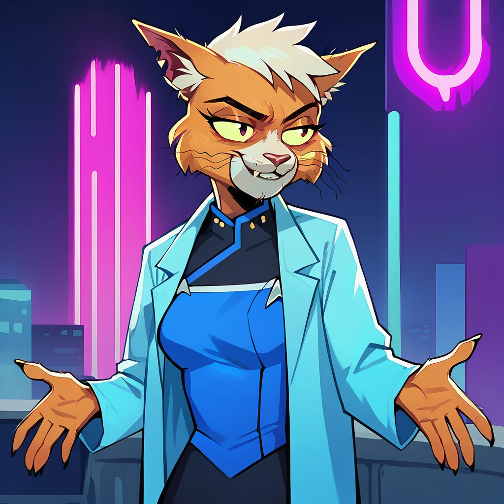 score_9, score_8_up, score_7_up, <lora:t4n4_epoch_10:1> t4n4,1girl,lab coat, sci-fi city background, neon lights, purple glow, smile