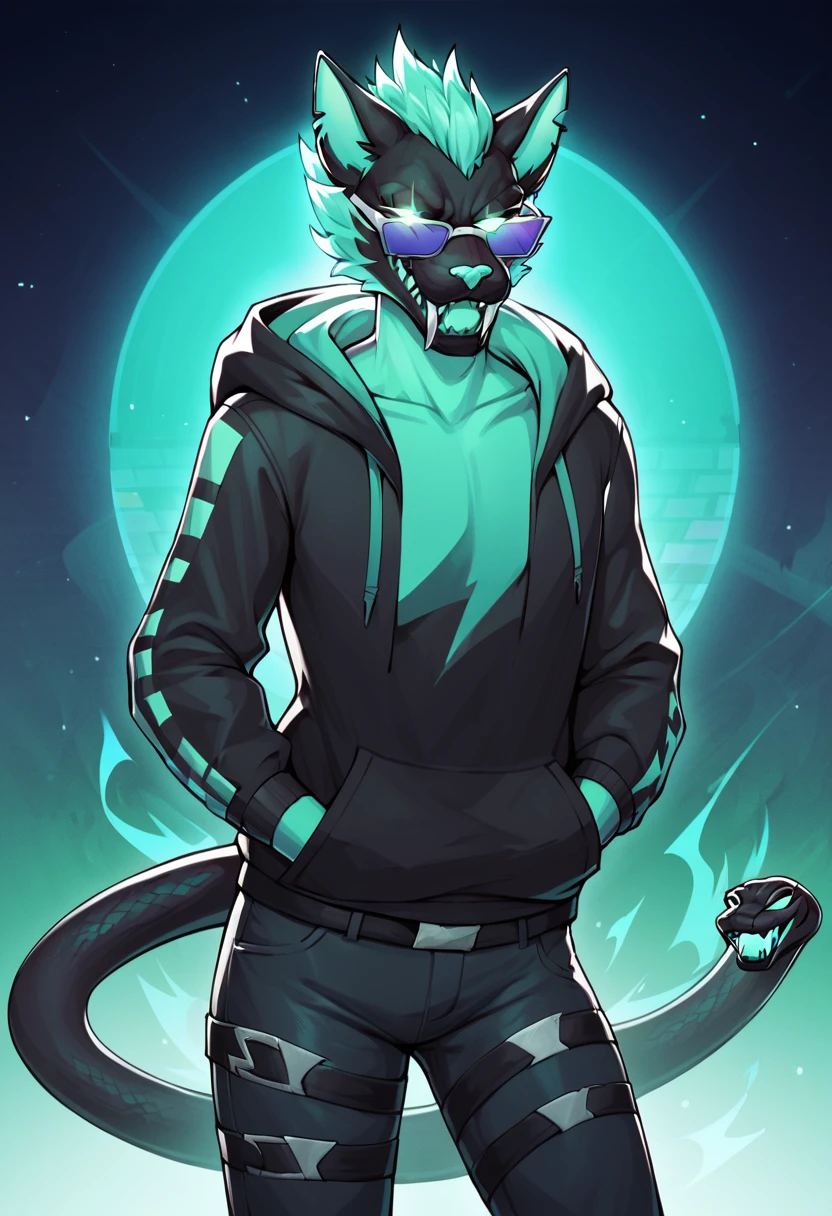 cerberus (fortnite), rating_safe, <lora:Cerberus_Fortnite_Pony:0.8>,
Green body, Green Eyes,Glowing Eyes,Fangs,Claws,tail,snake tail,
(black hoodie),black pant,low light, dramatic lighting, darkness, spotlight, neon, glow, rainbow syntwave, vaporwave, scanlines, dark background,iconic sunglasses, cool,, score_9, score_8_up, score_7_up, score_6_up, score_5_up, score_4_up