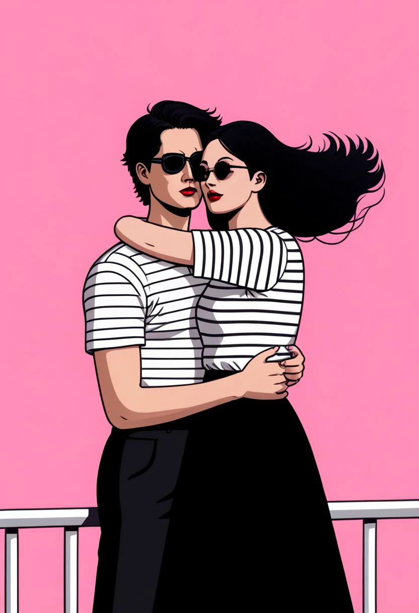 mpzthzz, 1girl, shirt, 1boy, long hair, white shirt, pink background, striped shirt, striped, skirt, black hair, red lips, short sleeves, floating hair, lipstick, makeup, railing, black skirt, hug, simple background, sunglasses, flat color, shadow, memphis corporate design, flat art, flat coloring, simple, vector art, corporate art, cel shading, PonyXLV6_Scores
