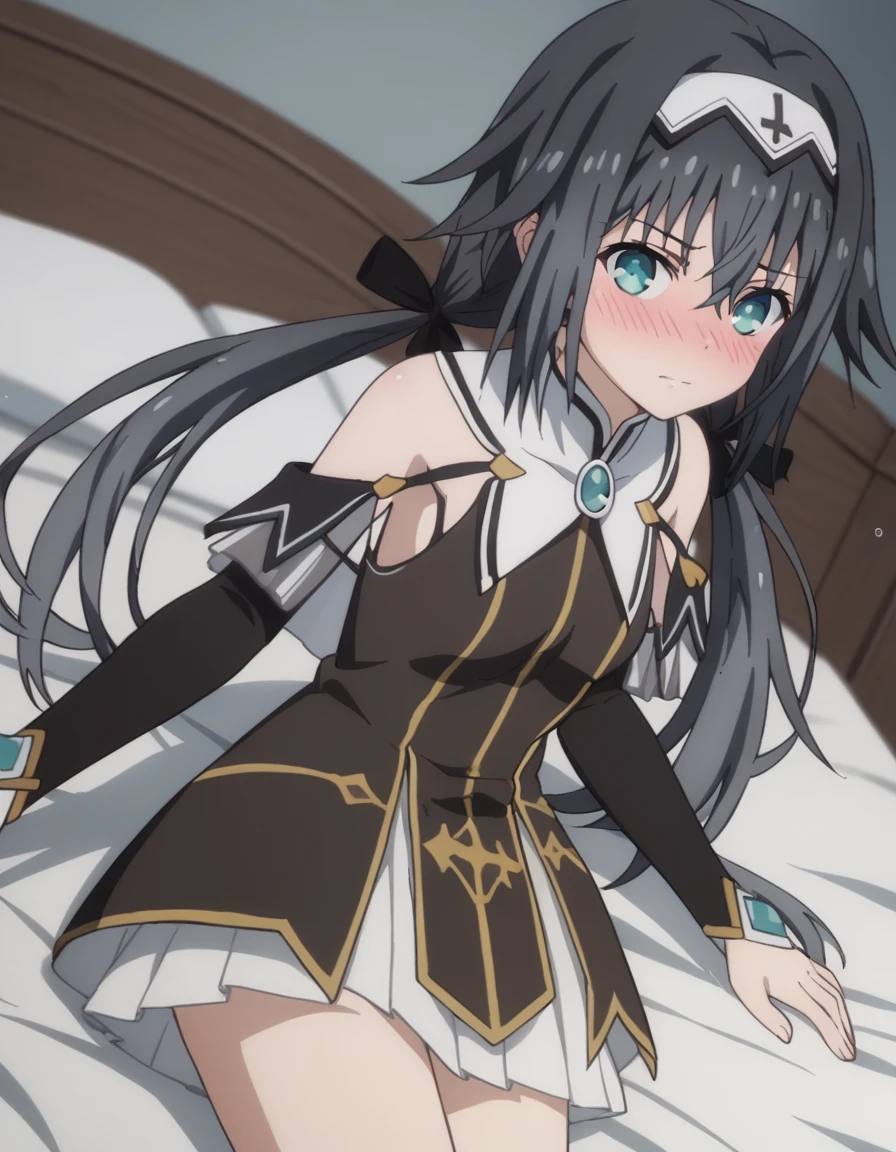 score_9, score_8_up, score_7_up, source_anime,
nibelcole, <lora:nibelcole-s4s5-ponyxl-lora-nochekaiser:1>,
nibelcole, long hair, blue eyes, black hair, hair between eyes, twintails, very long hair, hairband, low twintails, white hairband,
skirt, detached sleeves, sleeveless, white skirt, black sleeves,
indoors, bed, bed room, on side, blush, drunk,
looking at viewer, solo, cowboy shot, dutch angle,