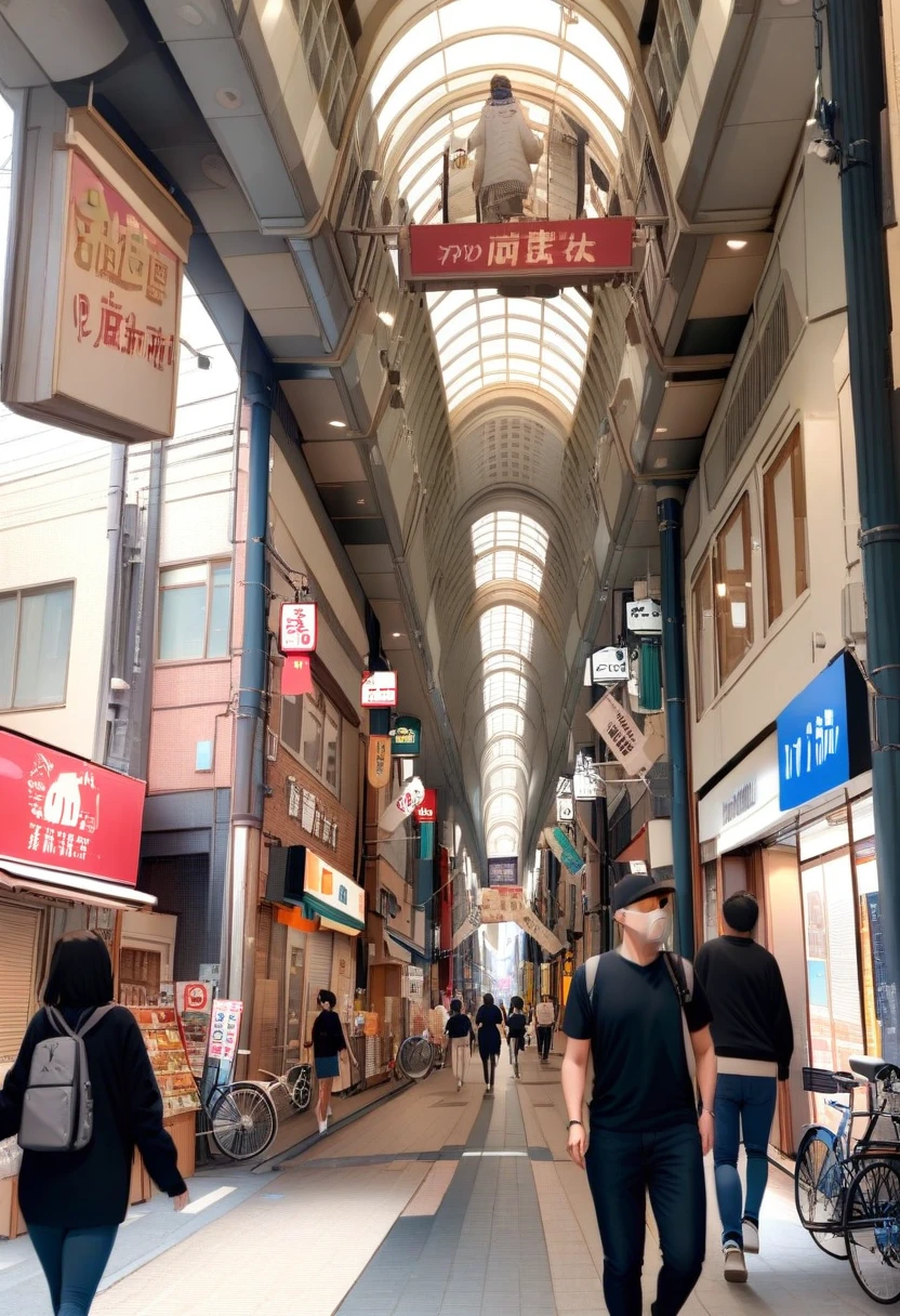 masterpiece, best quality, very aesthetic, absurdres,
bicycle, scenery, multiple boys, ground vehicle, 6+boys, real world location, storefront, shop, multiple girls, vanishing point, city, sign, bag, street, poster (object), road, walking, building
<lora:tenjinbashisuji_syotengai_SDXL_V1:1>