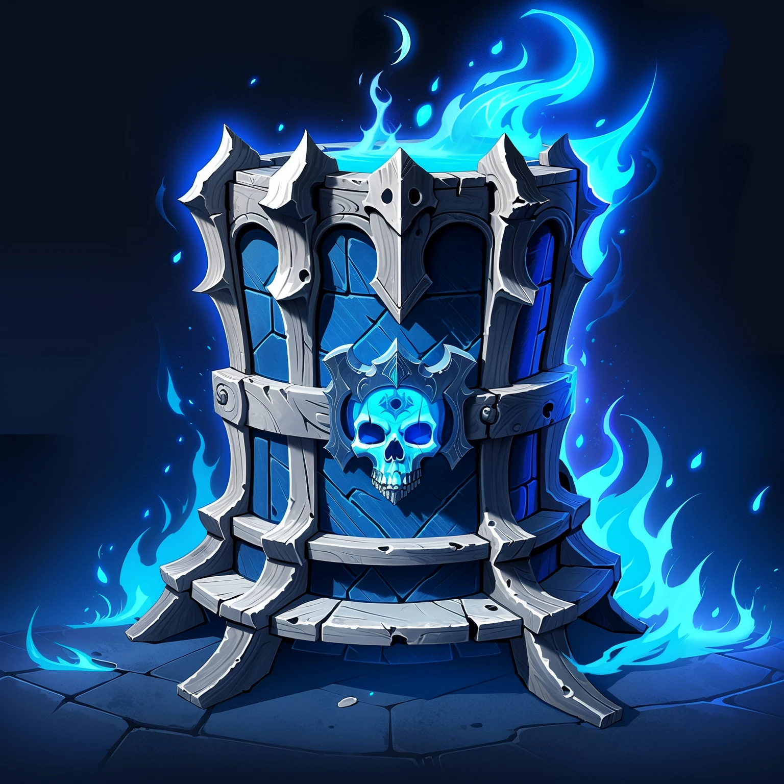HEZI, game equipment items, ICONS, no humans, blue fire, glowing, skull, fire, black background, solo, blue background, aura, armor, gem, throne, simple background, full body, glowing eyes, king hassan \(fate\), bone, gradient, gradient background, flame, headless, artist name, shield, sitting<lora:游æè£
å¤éå
·2-000007:0.7>,