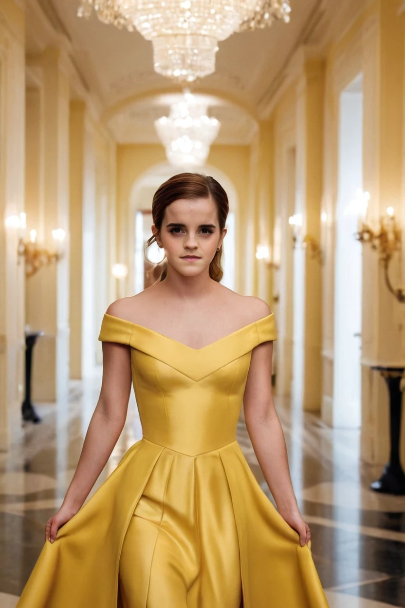 belle (emma watson) in striking yellow dress aligning in a great hallway <lora:emmaWatson:1> . 35mm photograph, film, bokeh, professional, shot by rankin, 4k, highly detailed