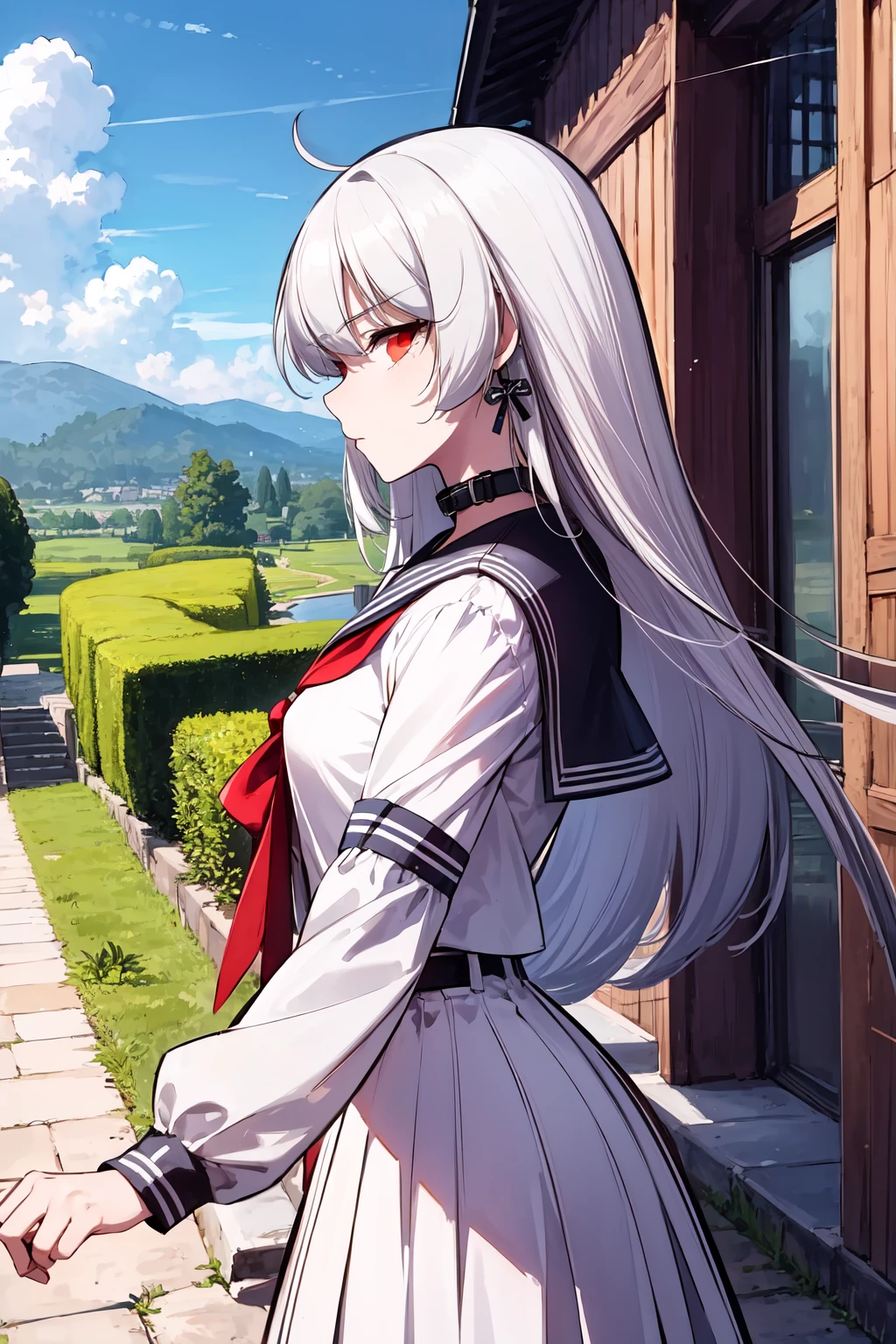 masterpiece, high quality, <lora:Alice_Human:1> 1girl, solo, THG-Alice, long hair, white hair, red eyes, white serafuku, white sailor collar, outdoors, walking, from side, cowboy shot