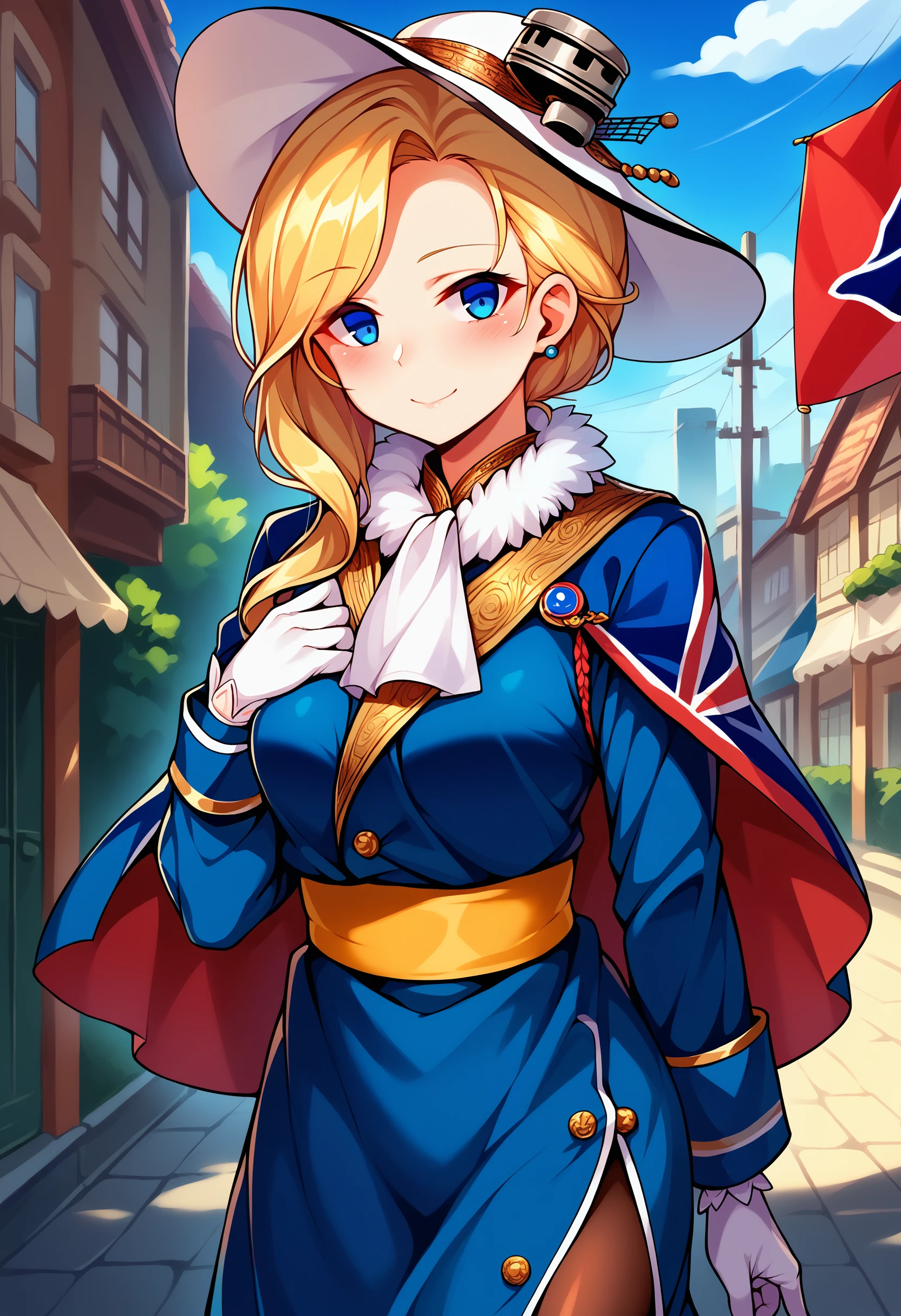 score_9,score_8_up,score_7_up BREAK 1girl, solo, cowboy shot, three-quarter portrait, standing, breasts, hair over shoulder,long hair, smile, closed mouth, hoddef, union jack capelet, blue coat, white hat, tilted headwear, long sleeves, white gloves, yellow sash, blue skirt, frills, brown pantyhose, fur collar, white ascot, earrings, outdoors, blonde hair, hand on own chest, blush, <lora:hoodAL-ponyxl-bshi-v1:1>