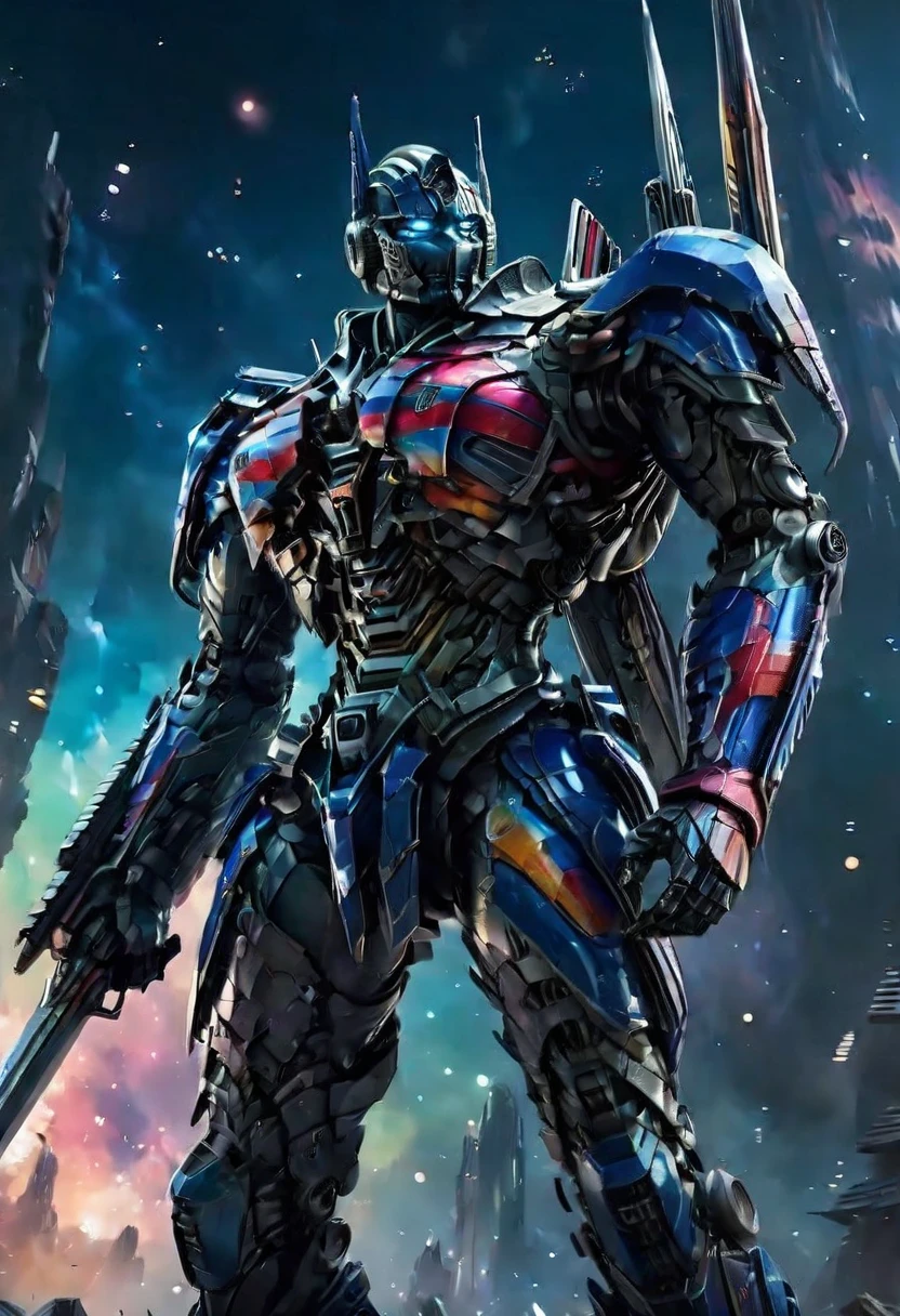 , Ultra detailed microscopic level image of a black colourful cosmic structure , intricate, entropy, gravitational pull, space dust, (( dist)), visually delightful, ((deep bokeh)), dreamy, cosmic abstract background,weapon, solo, sword, mecha, robot, no humans, holding, 1girl, holding weapon, standing, blue eyes, holding sword, armor, science fiction<lora:Optimus Prime_SDXL-000008:0.8>
