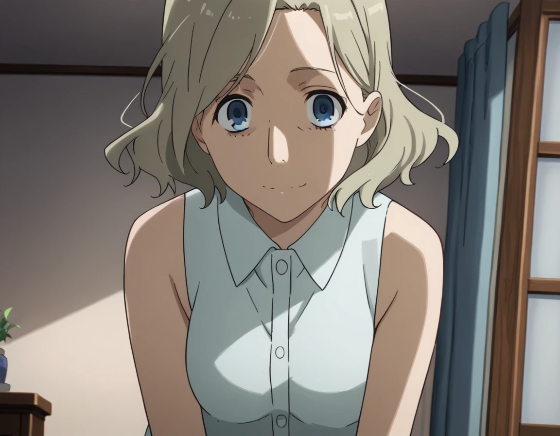 score_9, score_8_up, score_7_up, source_anime,
irenehonma, <lora:irene-honma-s1-ponyxl-lora-nochekaiser:1>,
irene honma, short hair, blue eyes, grey hair,
shirt, bare shoulders, sleeveless, sleeveless shirt,
indoors, bent over, smile,
looking at viewer, solo, cowboy shot, dutch angle,