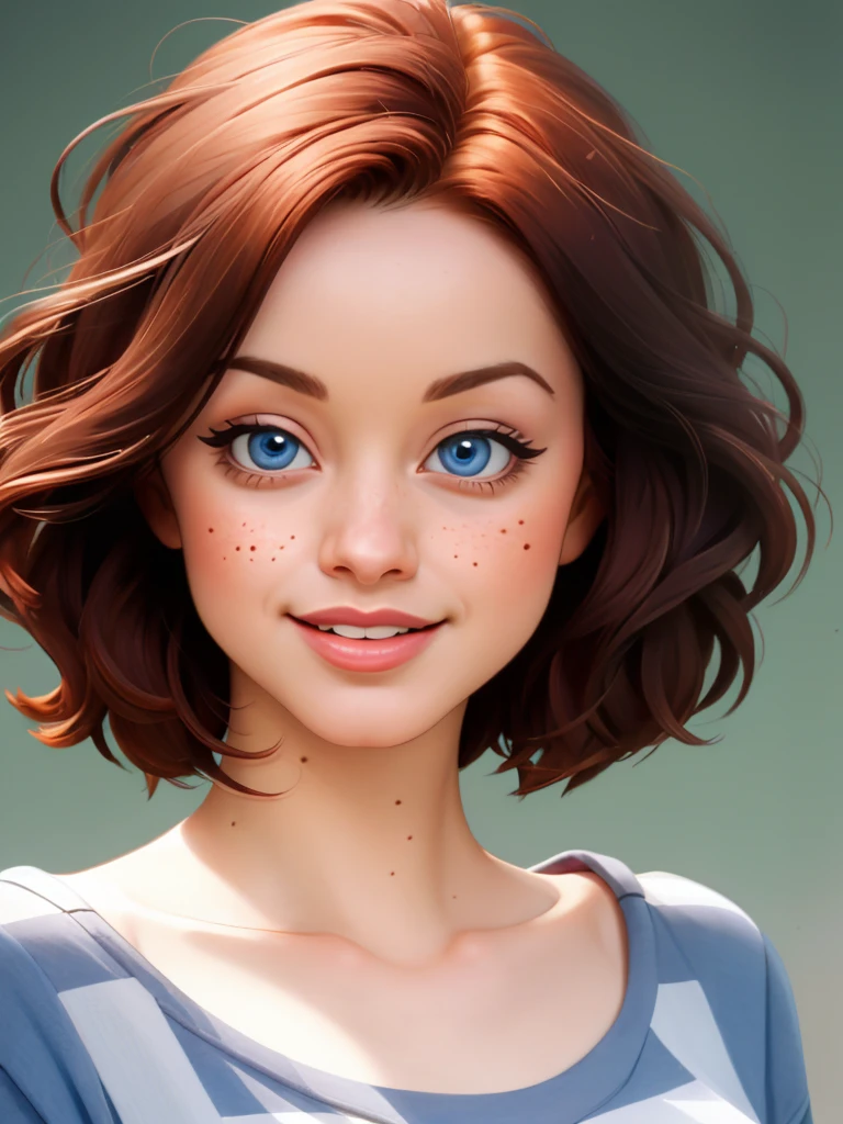 Realistic photo of a beautiful l1ndyb woman, 1girl, solo, looking at viewer, smile, short hair, blue eyes, brown hair, shirt, striped, lips, traditional media, portrait, freckles, striped shirt, realistic, soft lighting, professional Photography, Photorealistic, detailed, RAW, analog, sharp focus, 8k, HD, DSLR, high quality, Fujifilm XT3, film grain, award winning, masterpiece<lora:l1ndyb:1.0>