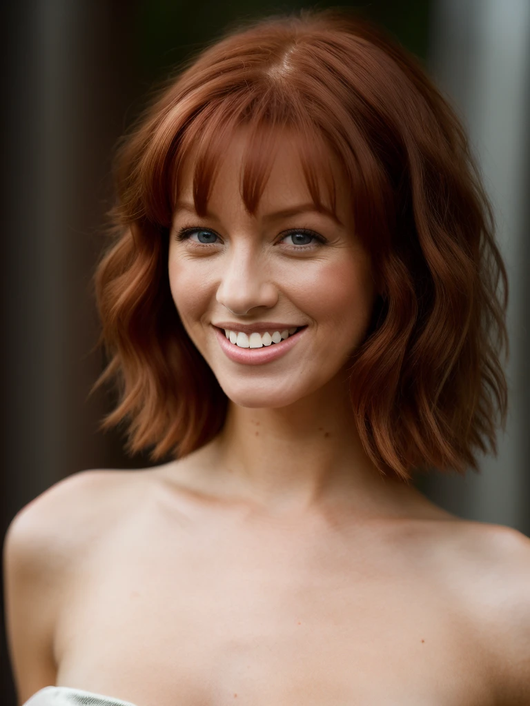 Realistic photo of a beautiful l1ndyb woman, 1girl, solo, looking at viewer, smile, short hair, blue eyes, red hair, dress, bare shoulders, teeth, grin, black dress, strapless, traditional media, strapless dress, realistic, soft lighting, professional Photography, Photorealistic, detailed, RAW, analog, sharp focus, 8k, HD, DSLR, high quality, Fujifilm XT3, film grain, award winning, masterpiece<lora:l1ndyb:1.0>