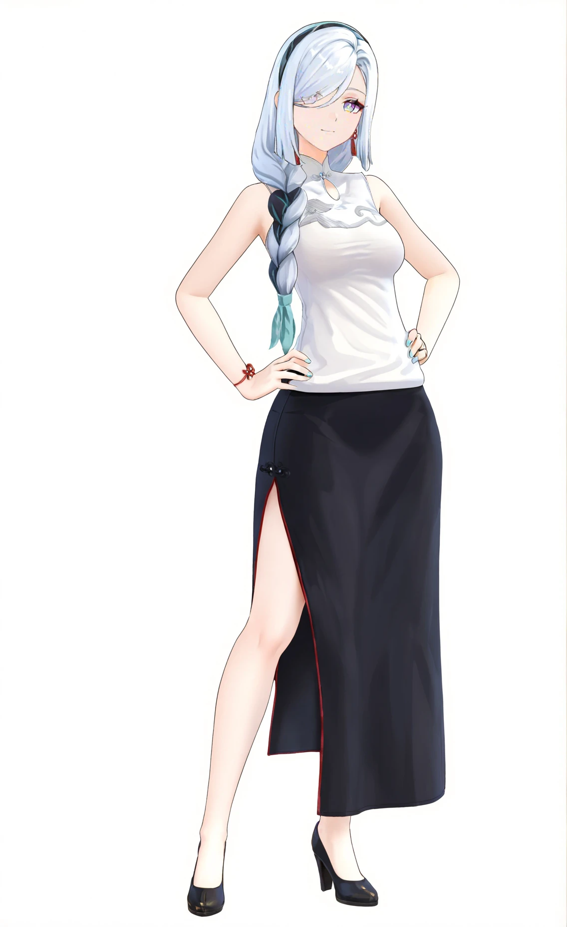 score_9, score_8_up, score_7_up, score_6_up, 8k,
8k, best quality, masterpiece, (ultra-detailed), (high detailed skin), white background, simple background,
(full body), (white background), standing, looking at viewer, (solo), hand on hip,
<lora:ganshenxian-kohaku-Tanger-000010:0.8>, shenhe \\\(genshin impact\\\), Shenhe's casual clothes, 1girl, long hair, hair over one eye, braid, breasts, shirt, black skirt,
full_shot, <lora:xl_figure style(kohaku_Delta)6:0.1>, figure style, photorealistic, photo \(medium\),