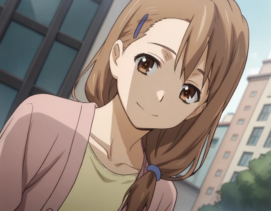 score_9, score_8_up, score_7_up, source_anime,
toukoyadomi,  <lora:touko-yadomi-s1-ponyxl-lora-nochekaiser:1>,
touko yadomi, long hair, brown hair, brown eyes, hair over shoulder, hair clip,
shirt, yellow shirt, collarbone, long sleeve, cardigan, pink cardigan,
outdoors, cityscape, bent over, smile,
looking at viewer, solo, cowboy shot, dutch angle,